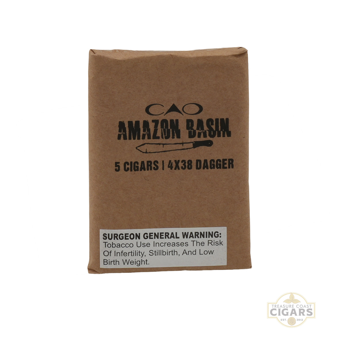 A five pack of cigars wrapped in brown paper with a CAO Amazon Basin logo on a white background.