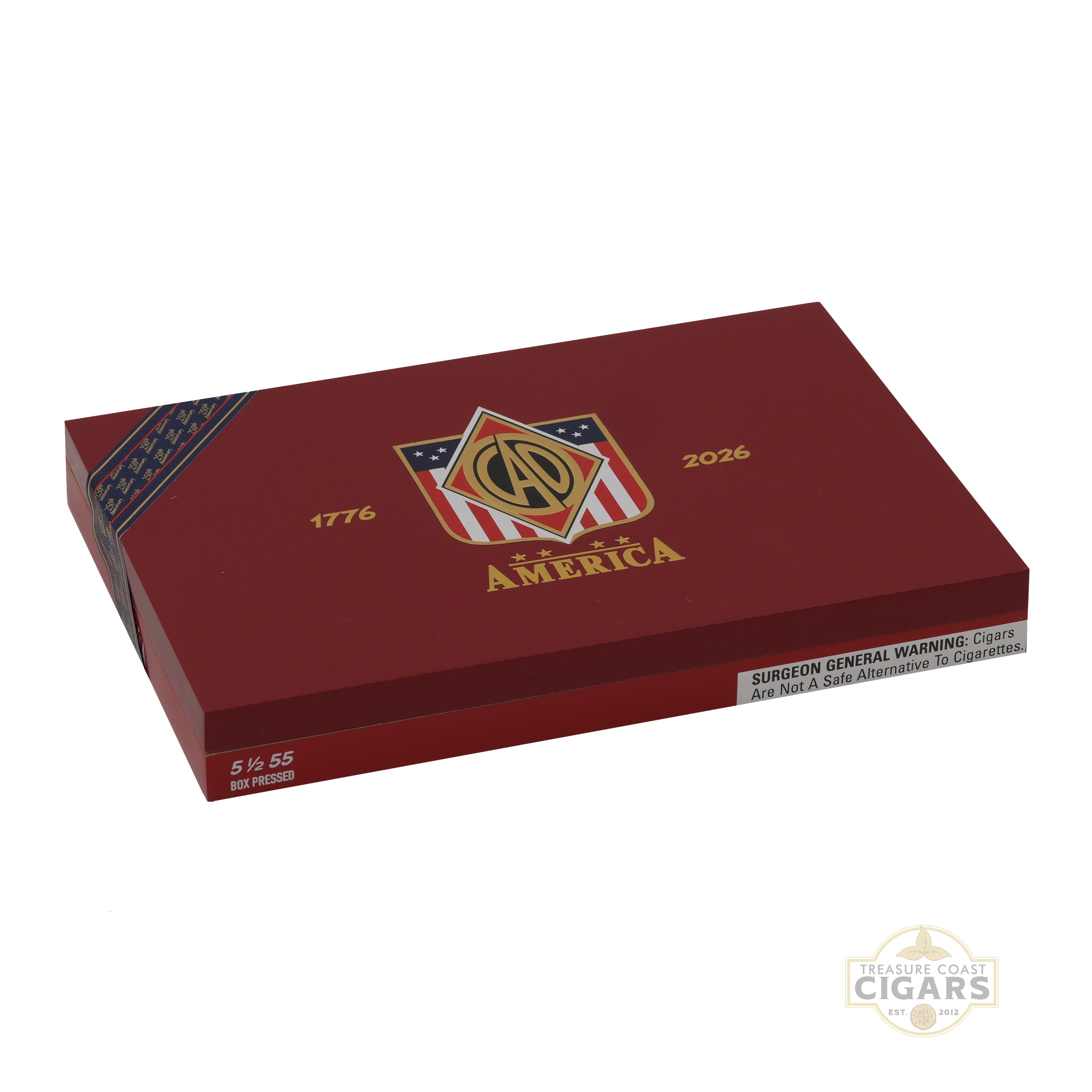 A closed box of CAO America 250 on a white background