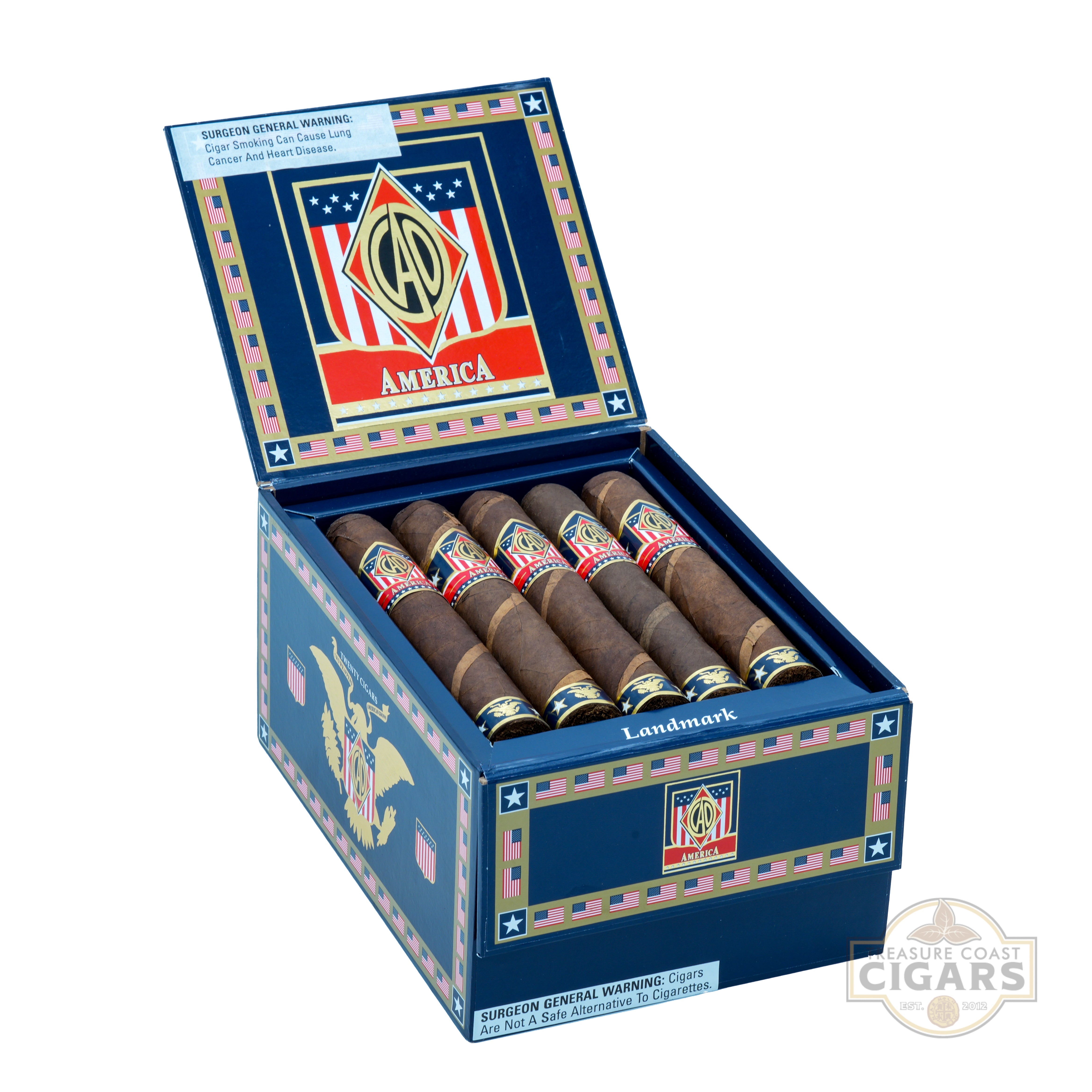 Box of cigars with a prominent 'America' label on a white background