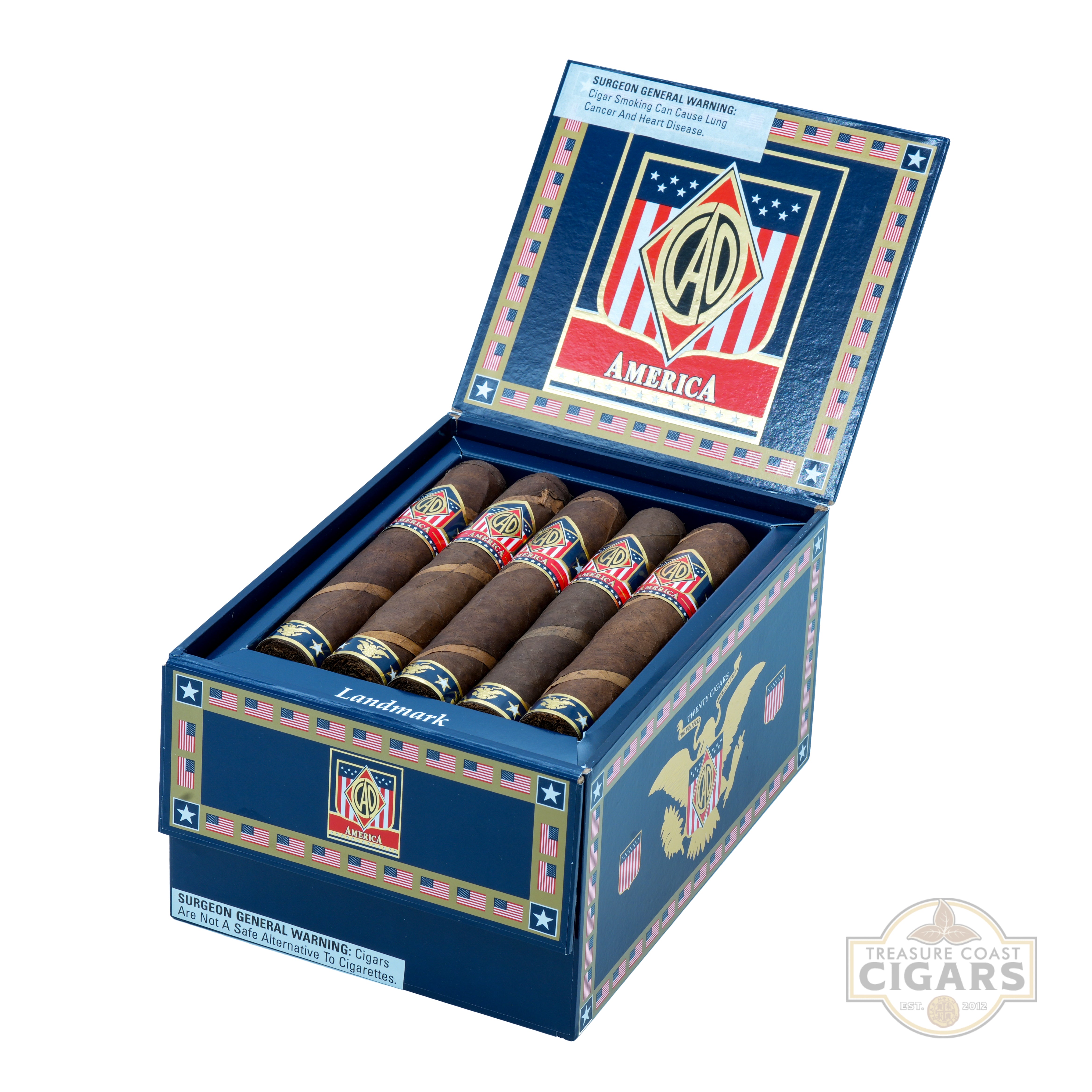 Open box of cigars with a visible brand logo on a white background