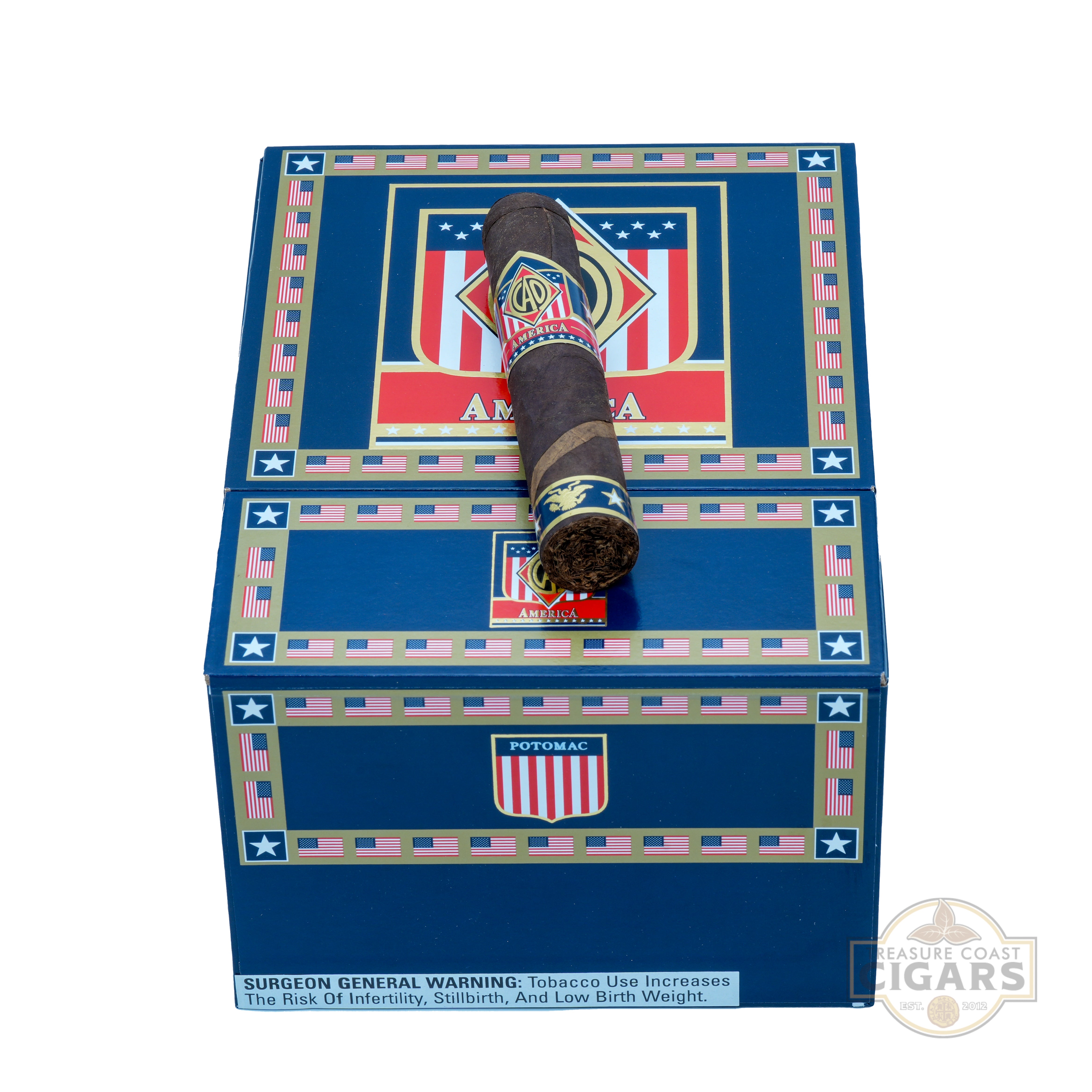 Single CAO America Potomac cigar on a decorative box with 'Potomac' branding and a visible Treasure Coast Cigars' logo.