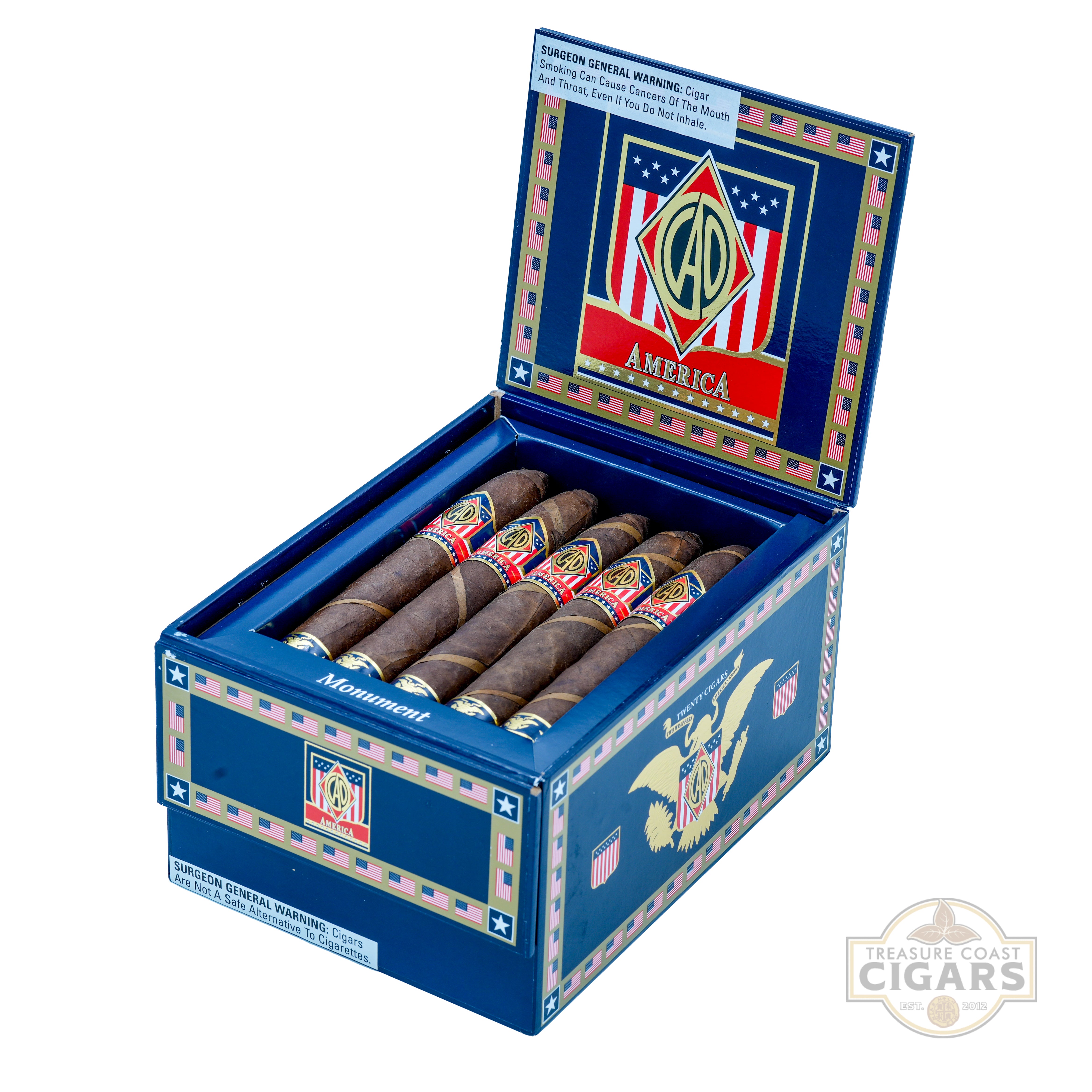 Open box of cigars with a prominent display of cigars and decorative packaging on a white background.