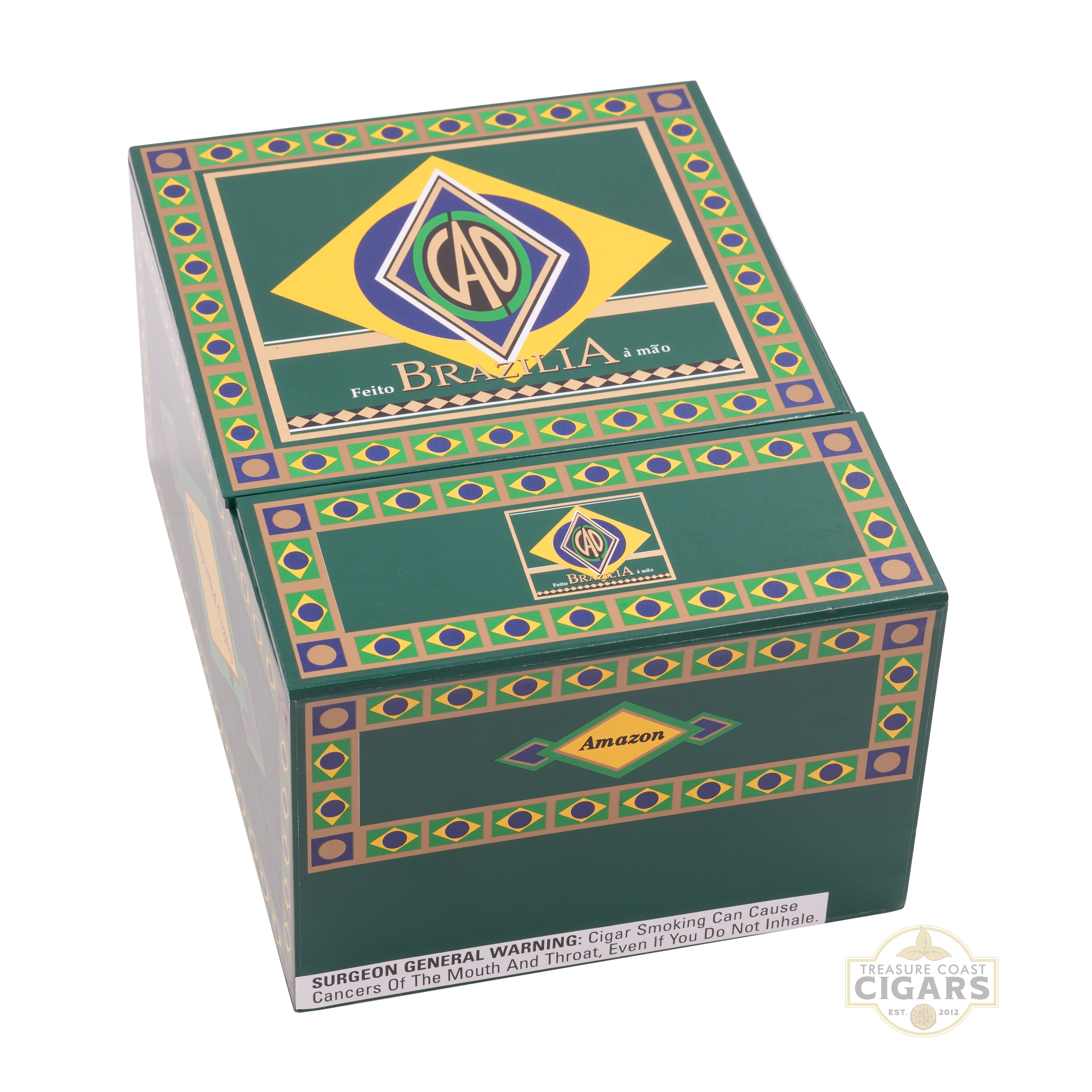 Cigar box with CAO branding and Brazilian flag design on a white background
