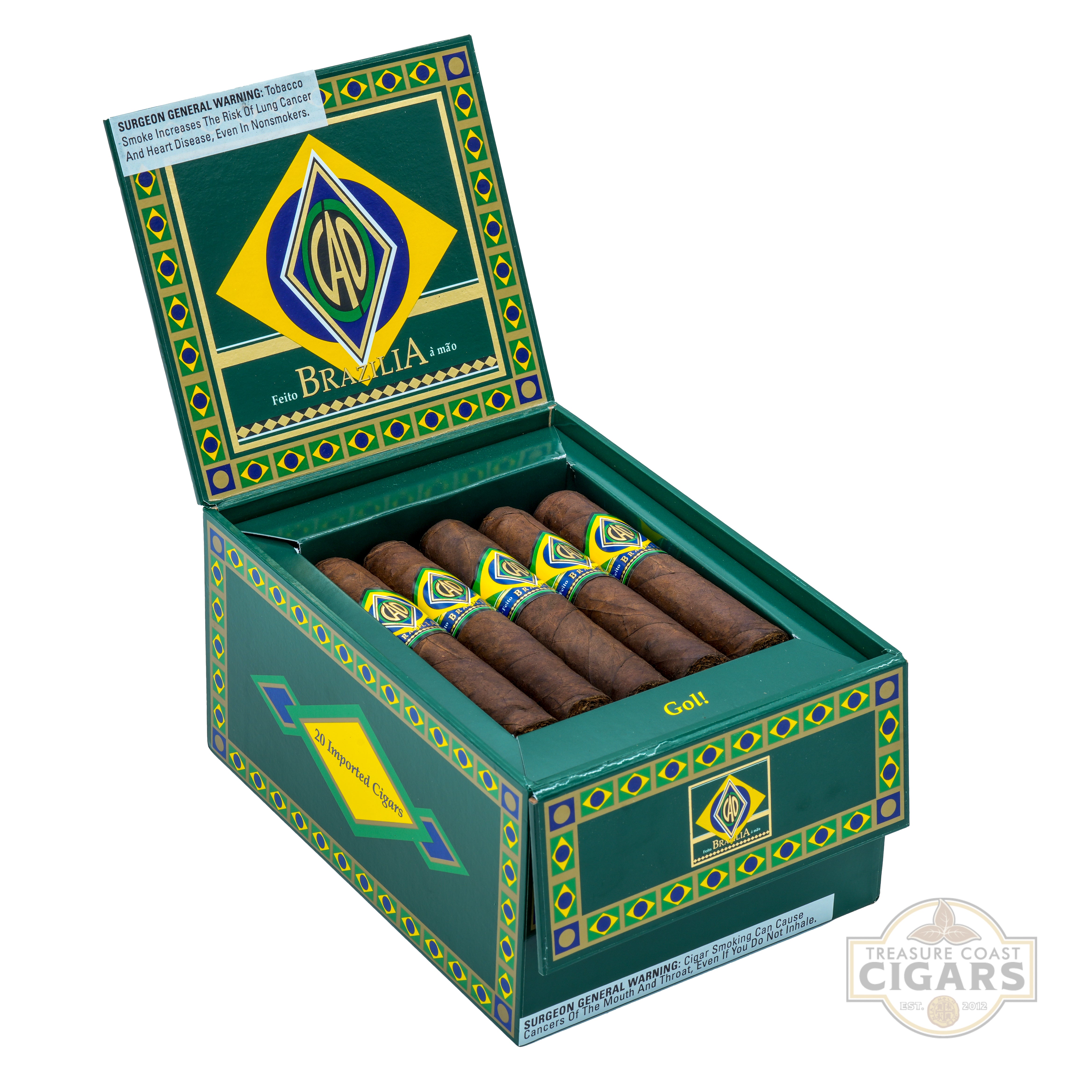 Box of cigars with Brazilian flag design on a white background