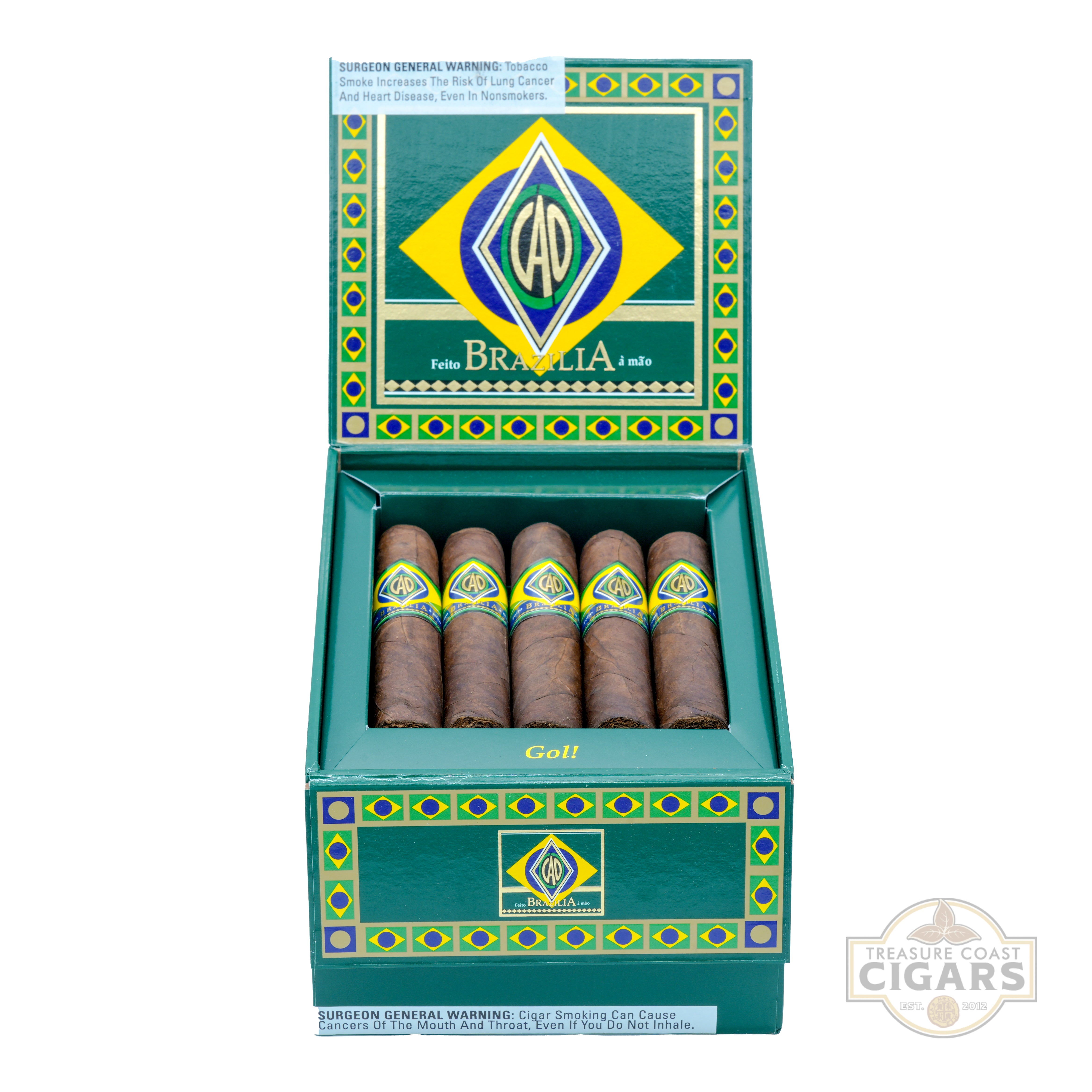 Box of CAO Cigars with Brazilian flag design on a white background