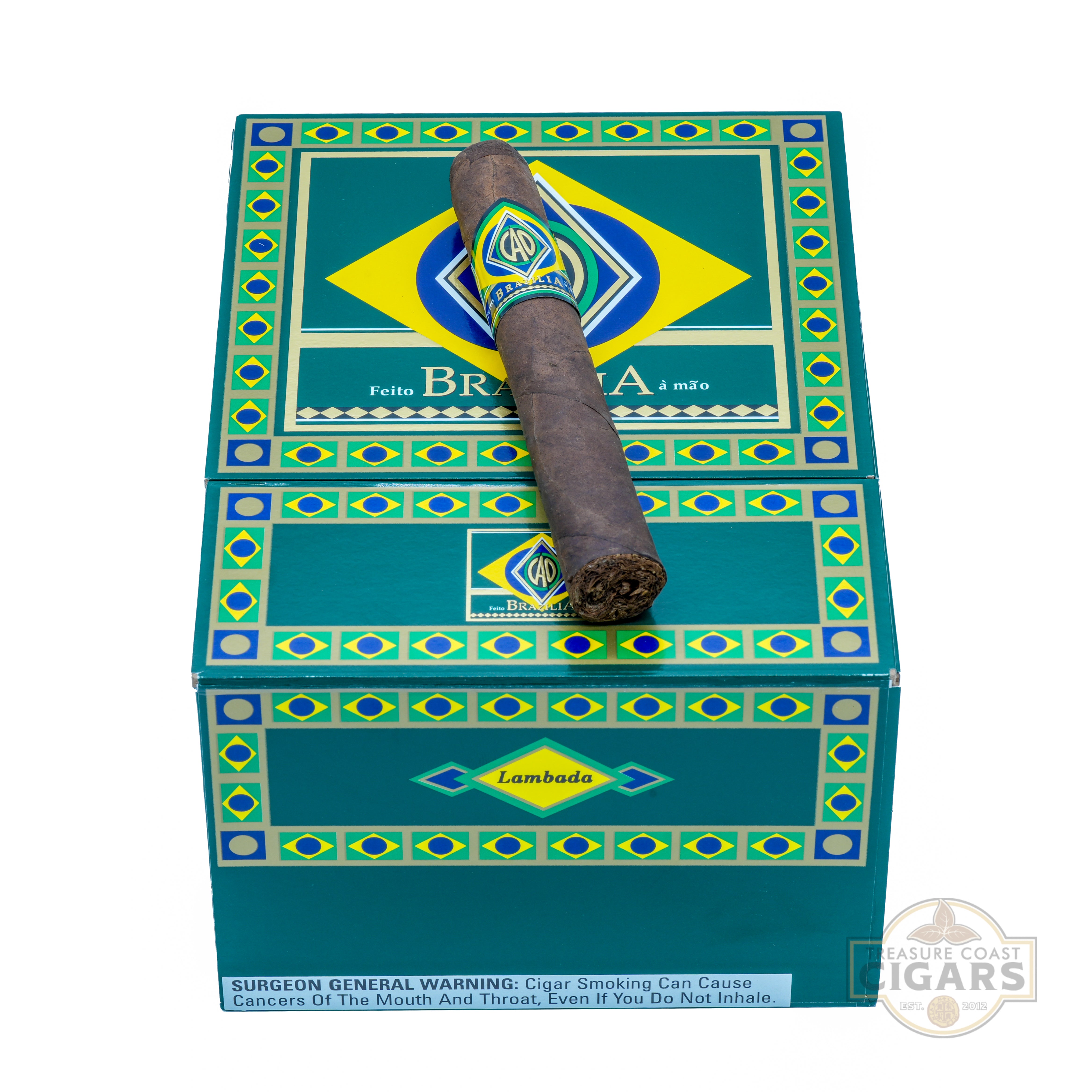 Cigar in a decorative box with Brazilian flag design on a white background