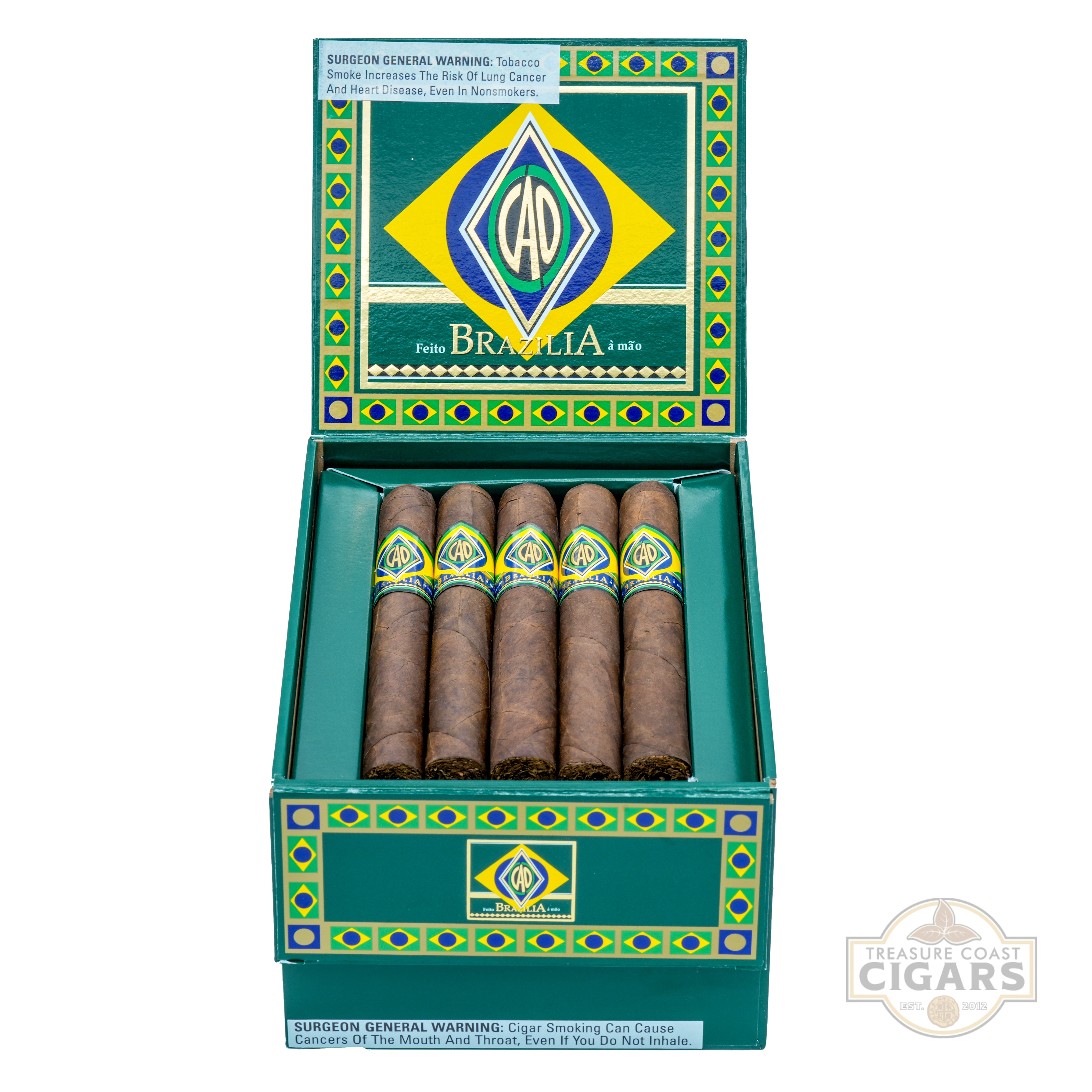 Box of CAO Brazilia cigars with Brazilian flag design on a white background