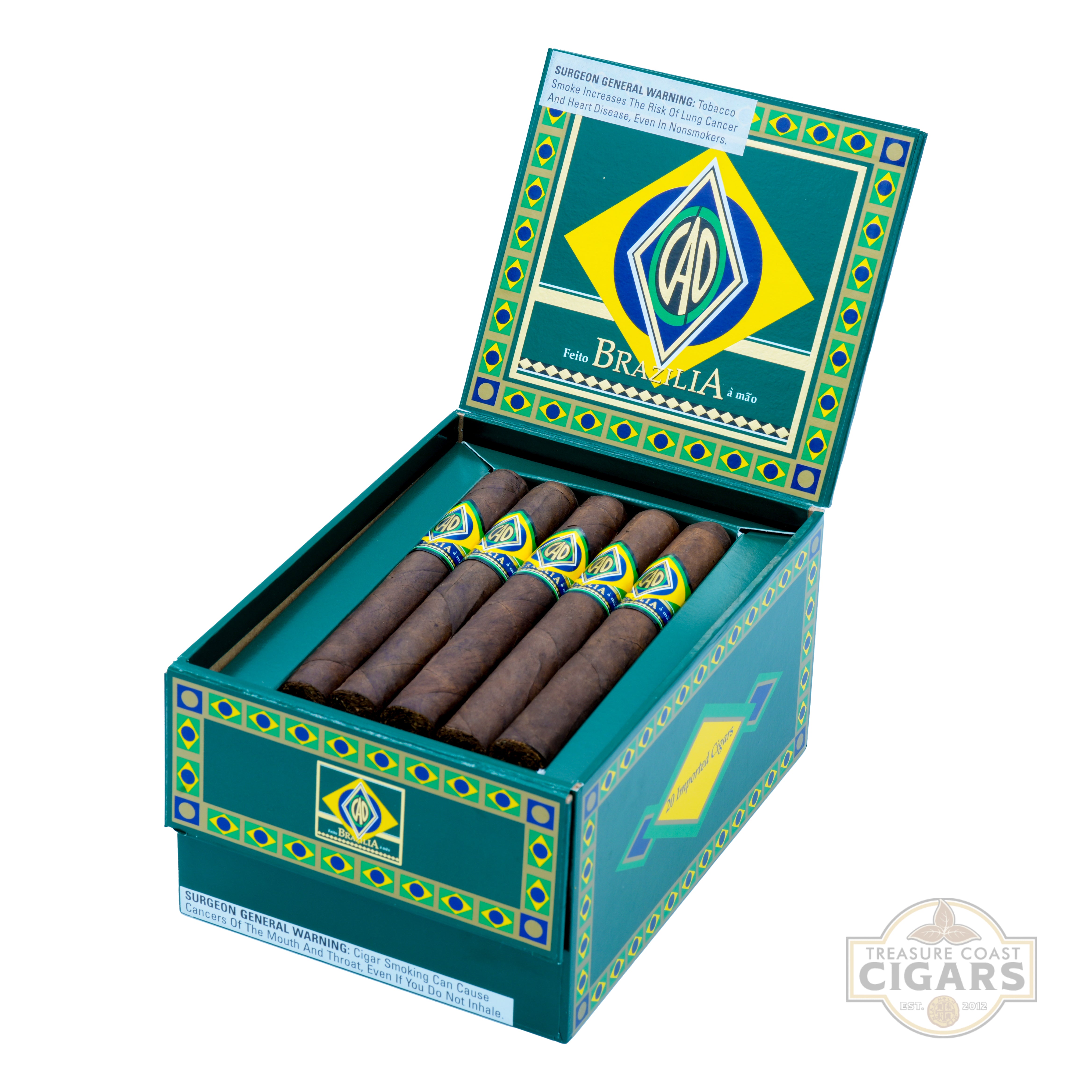 Open box of Brazilia cigars with Brazilian flag design on a white background