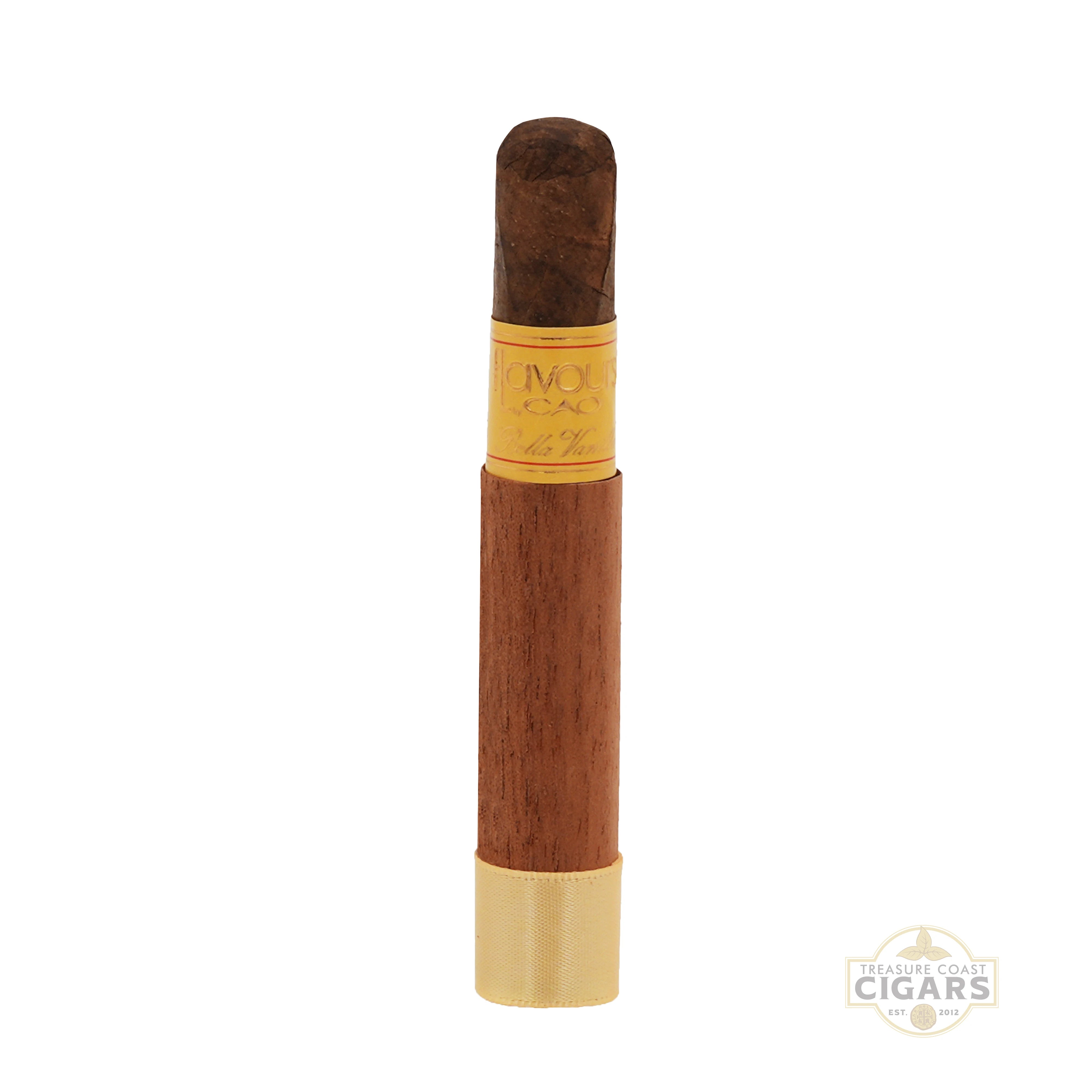 CAO Flavours Bella Vanilla Cigar with a wooden wrapper and gold band on a white background