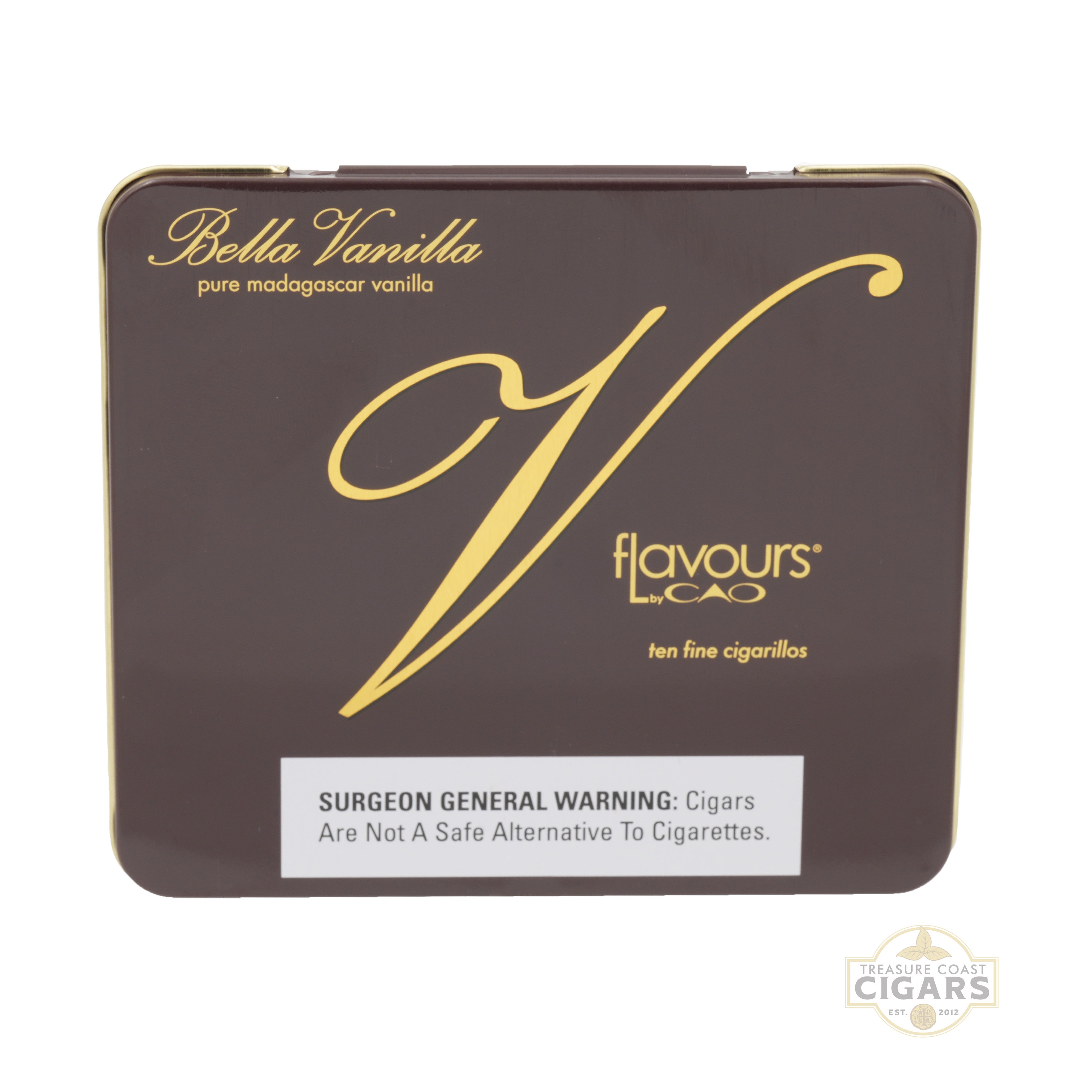 Bella Vanilla cigarillos tin with gold text on a white background