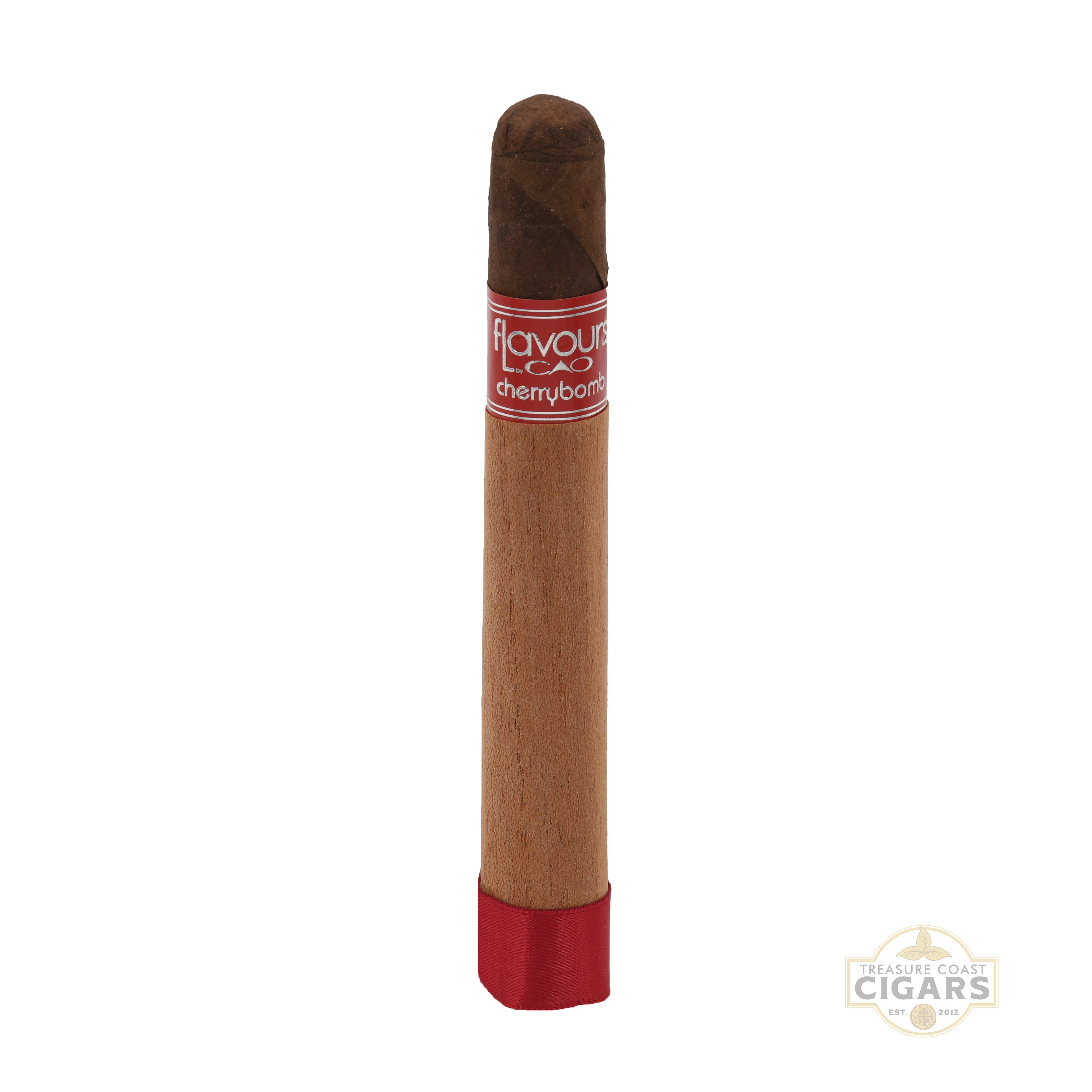 Cigar with a red band labeled 'flavours' on a white background