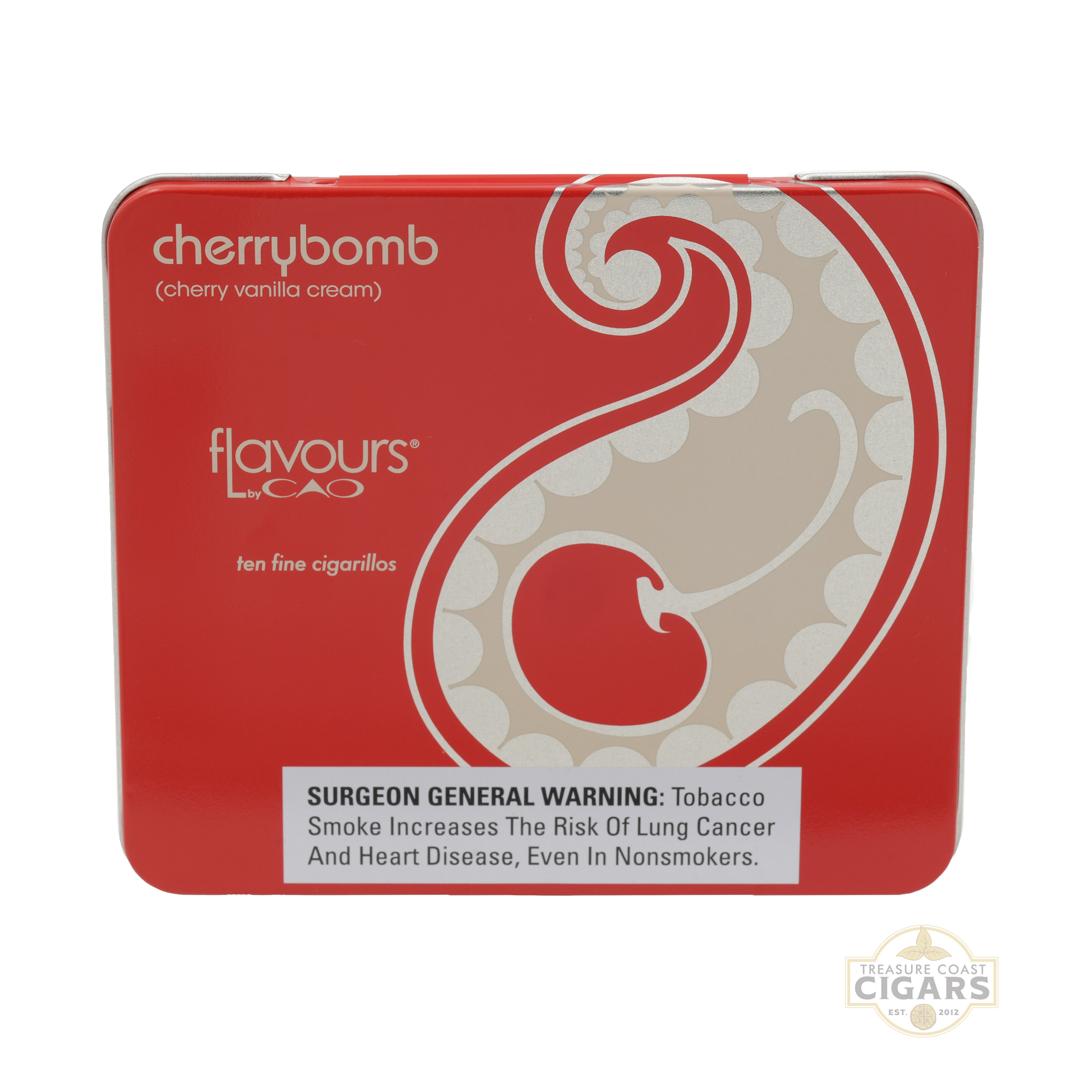 Red tin packaging for 'cherrybomb' flavours with decorative design and warning label.