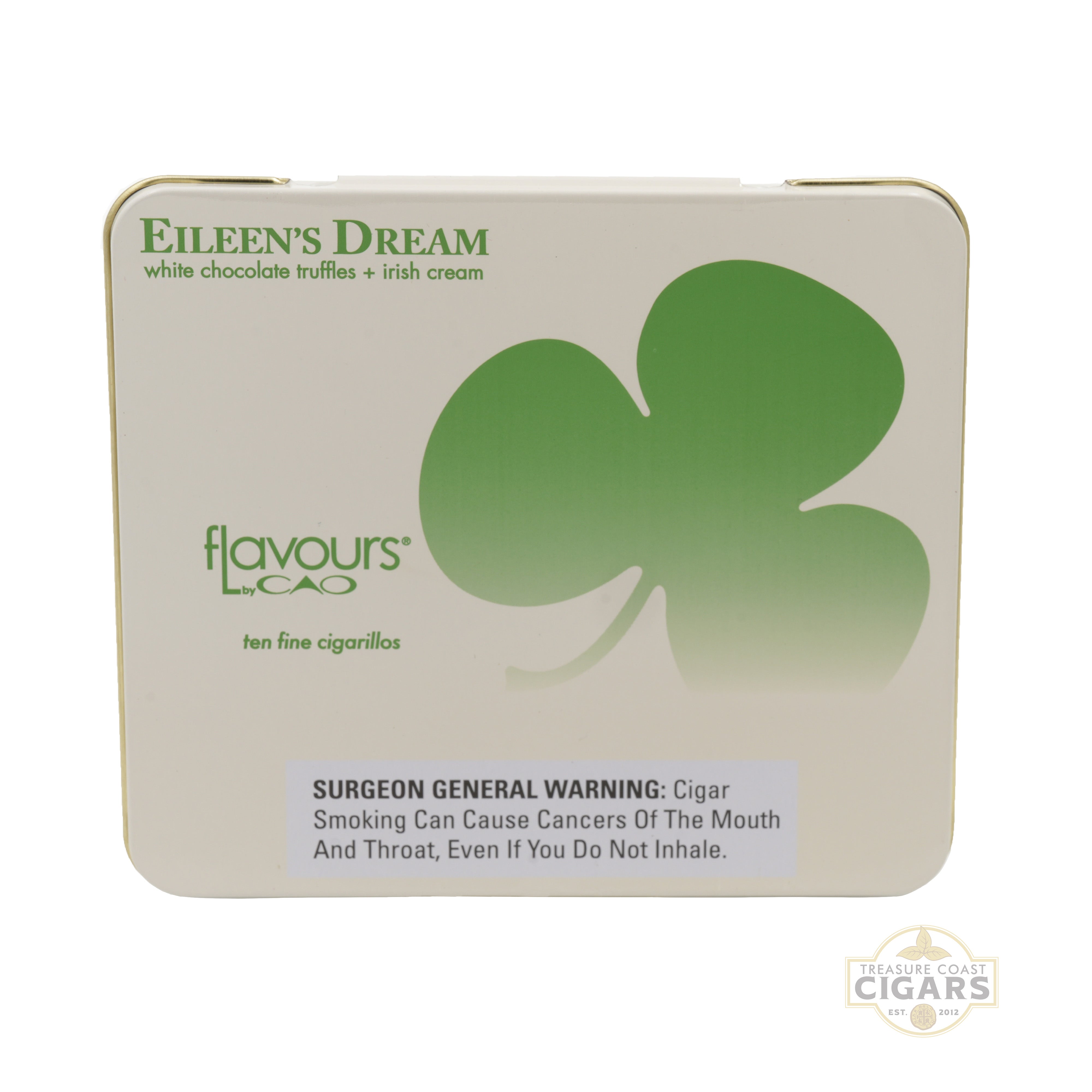 Eileen's Dream white chocolate truffles packaging with a green clover design on a beige background.