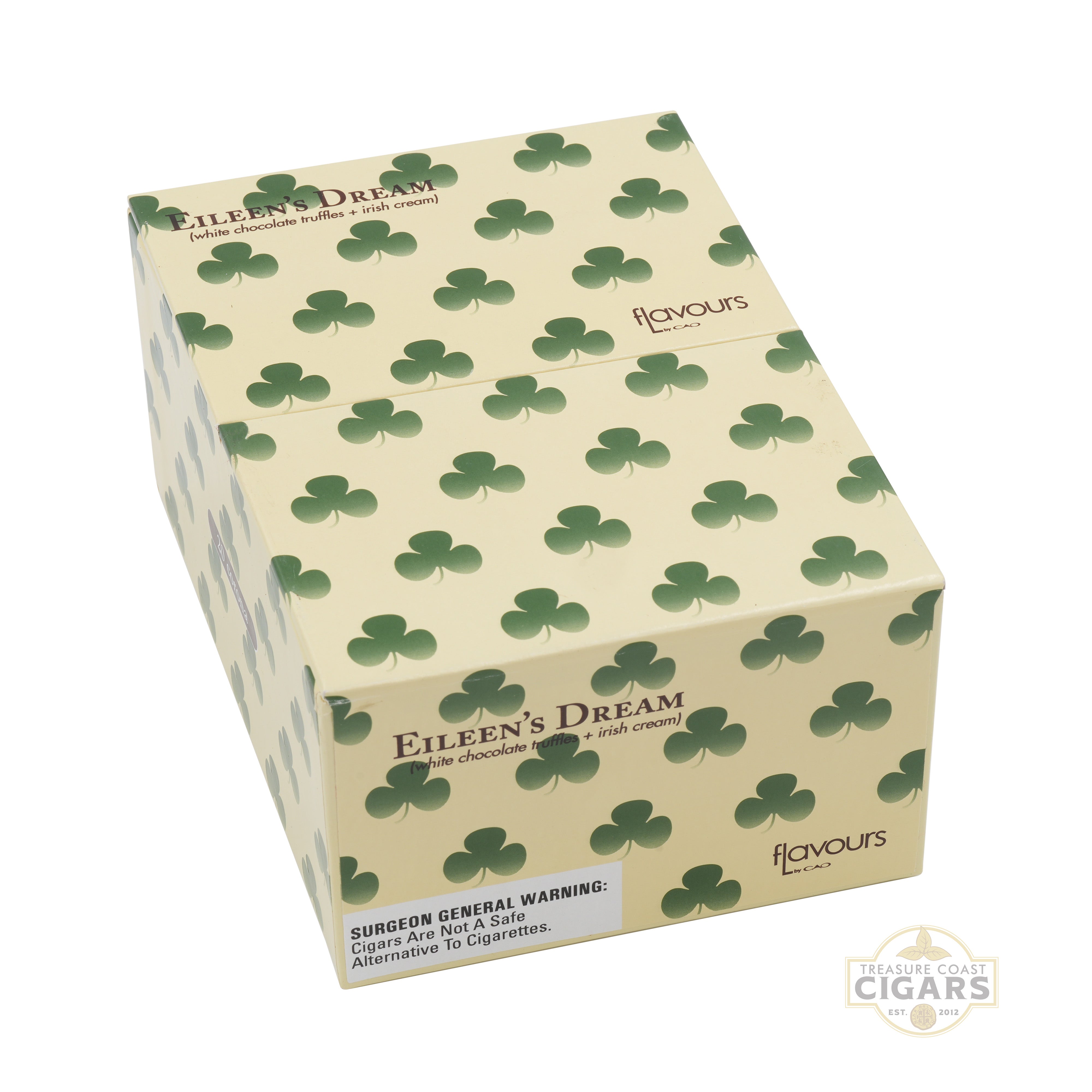 Eileen's Dream Flavours packaging with green shamrock pattern on beige background