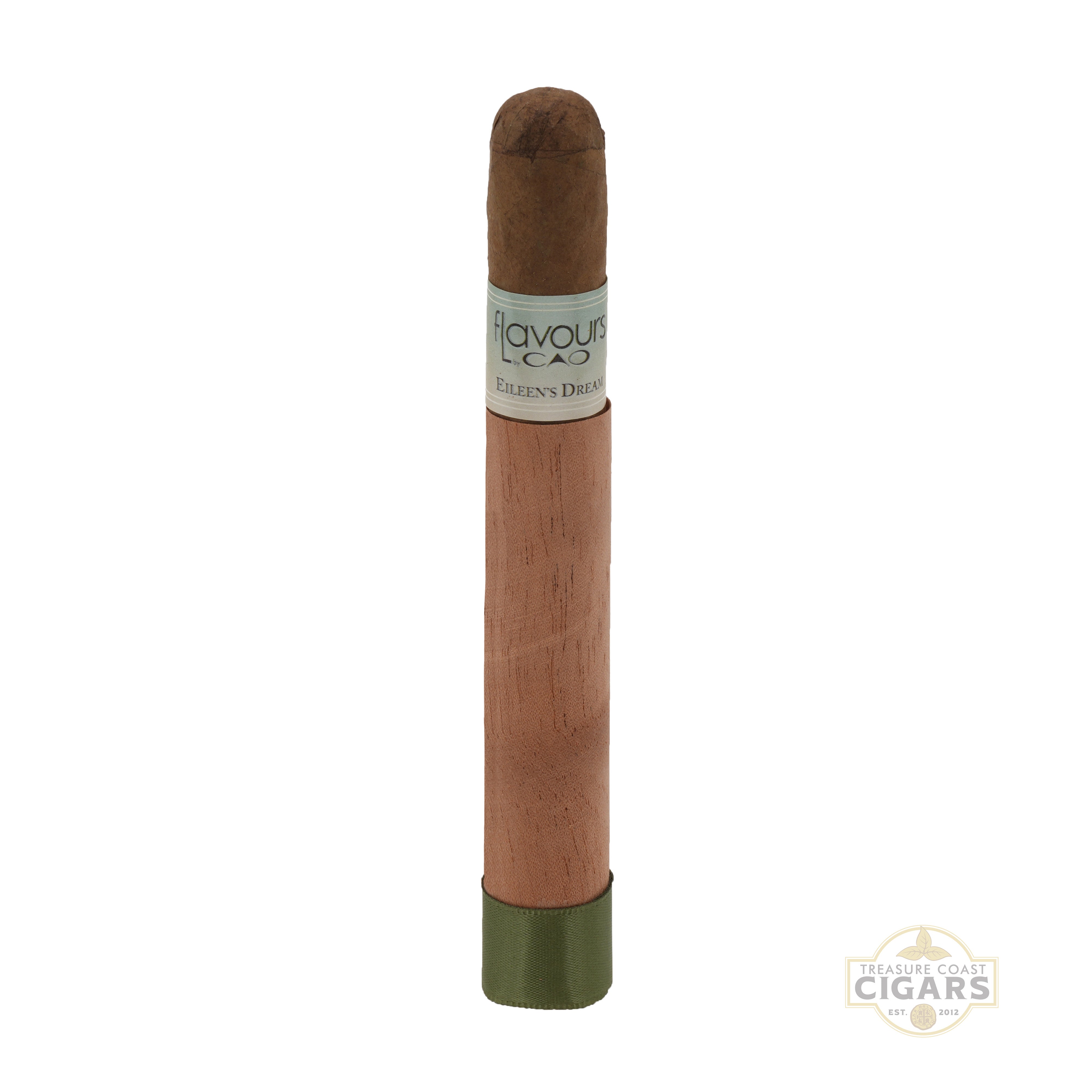 Cigar in a wooden holder with 'Flavour' label on a white background