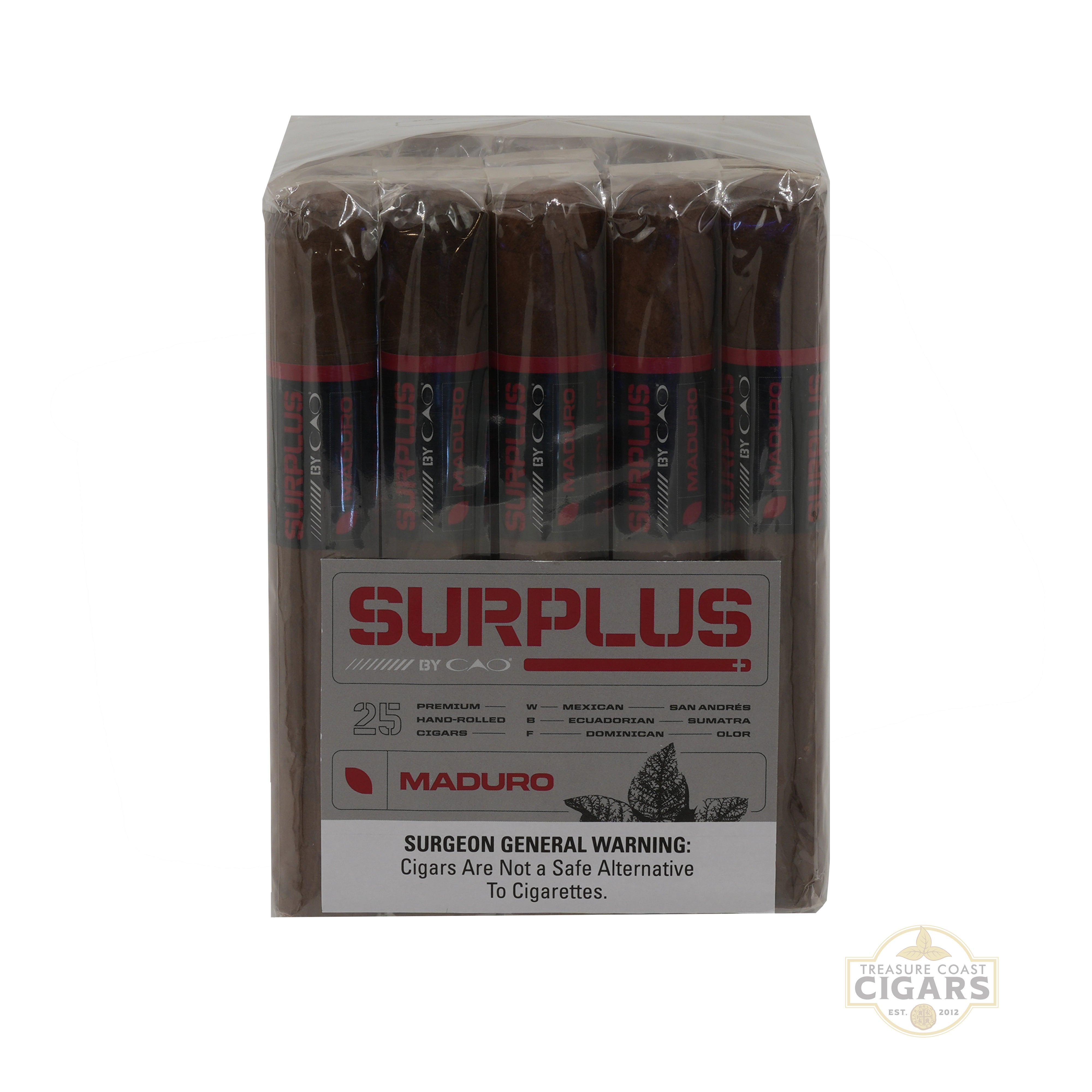 Bundle of CAO Surplus Maduro cigars with visible branding on a white background.