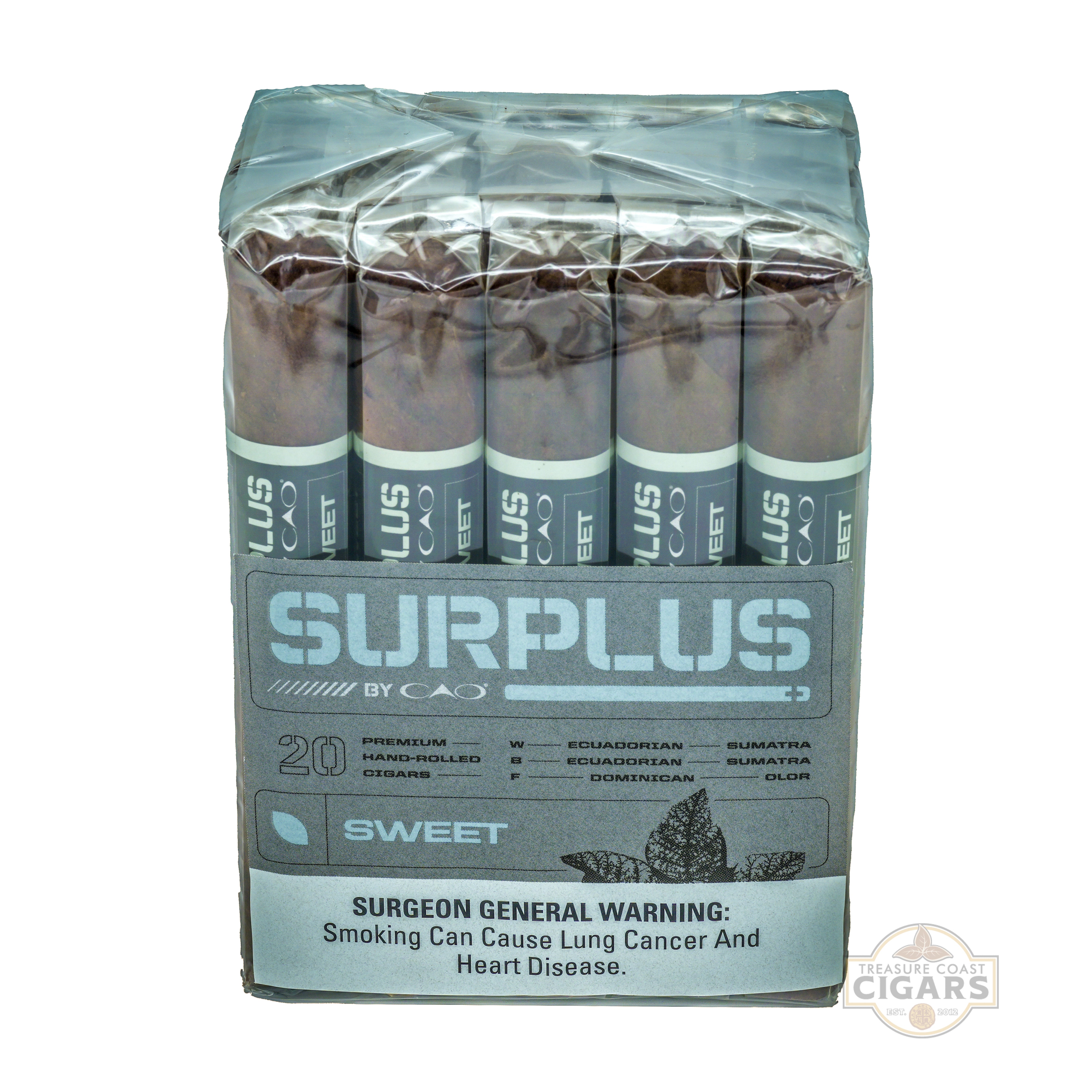 Pack of Surplus by CAO cigars with warning label on a white background