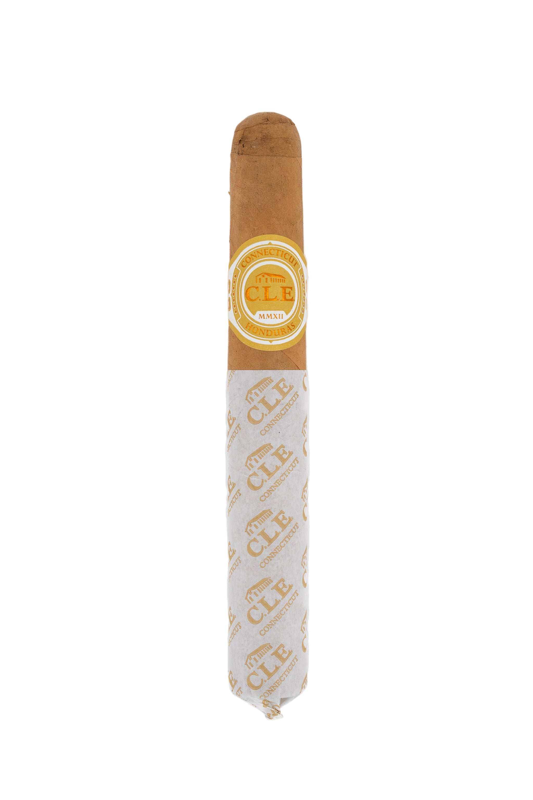 Cigar with a white wrapper and gold band on a white background