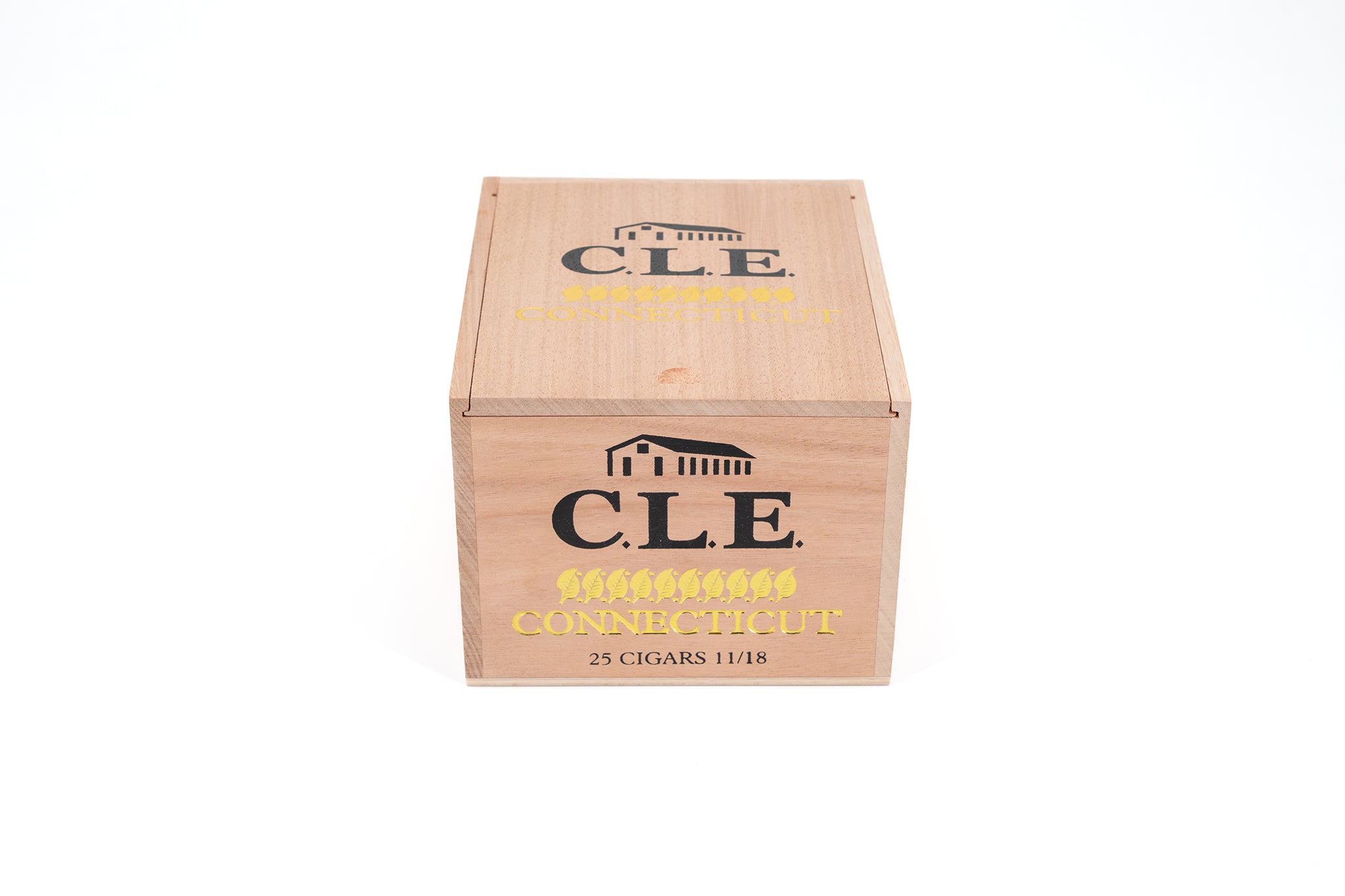 Wooden box with 'CLE' branding on a white background