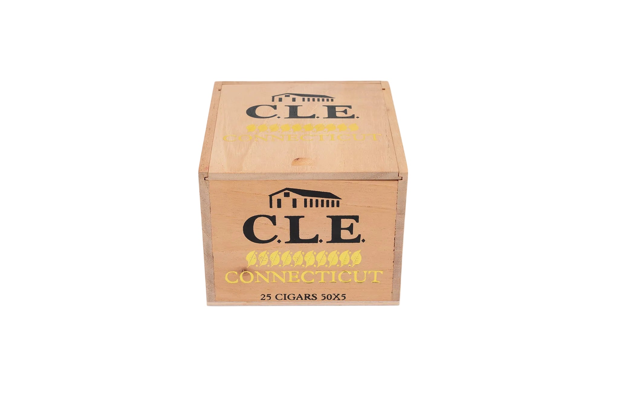 Wooden box with C.L.E. Connecticut branding on a white background