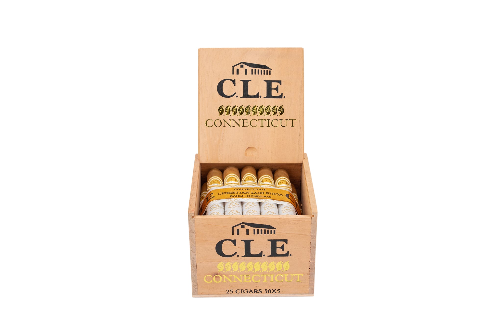 Box of CLE Connecticut cigars on a white background