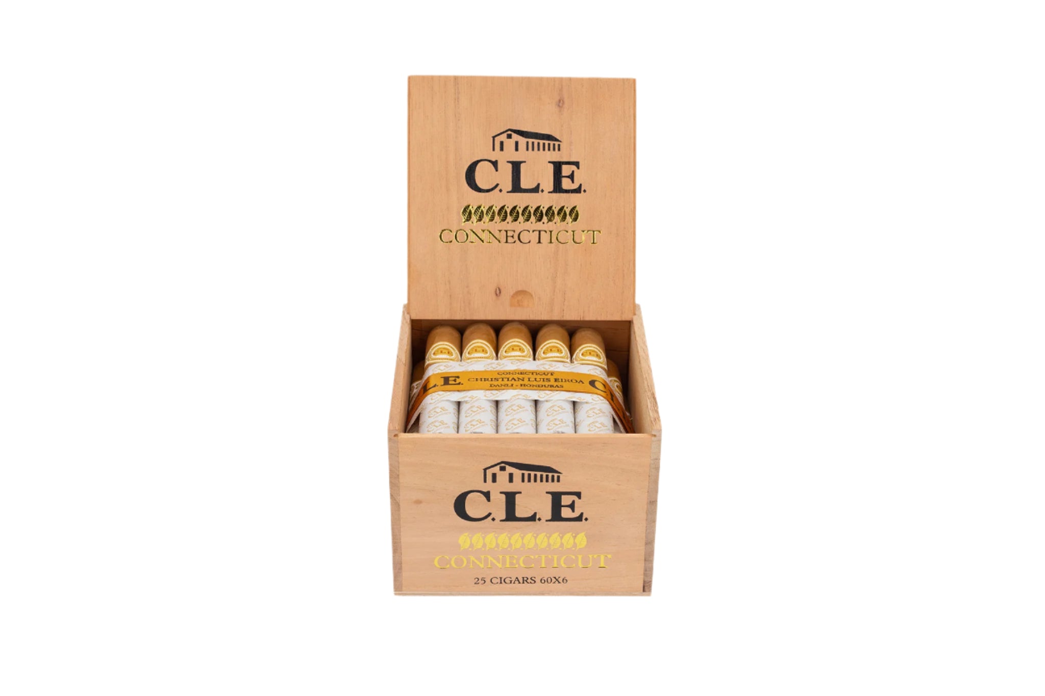 CLE Connecticut cigars in a wooden display box on a white background