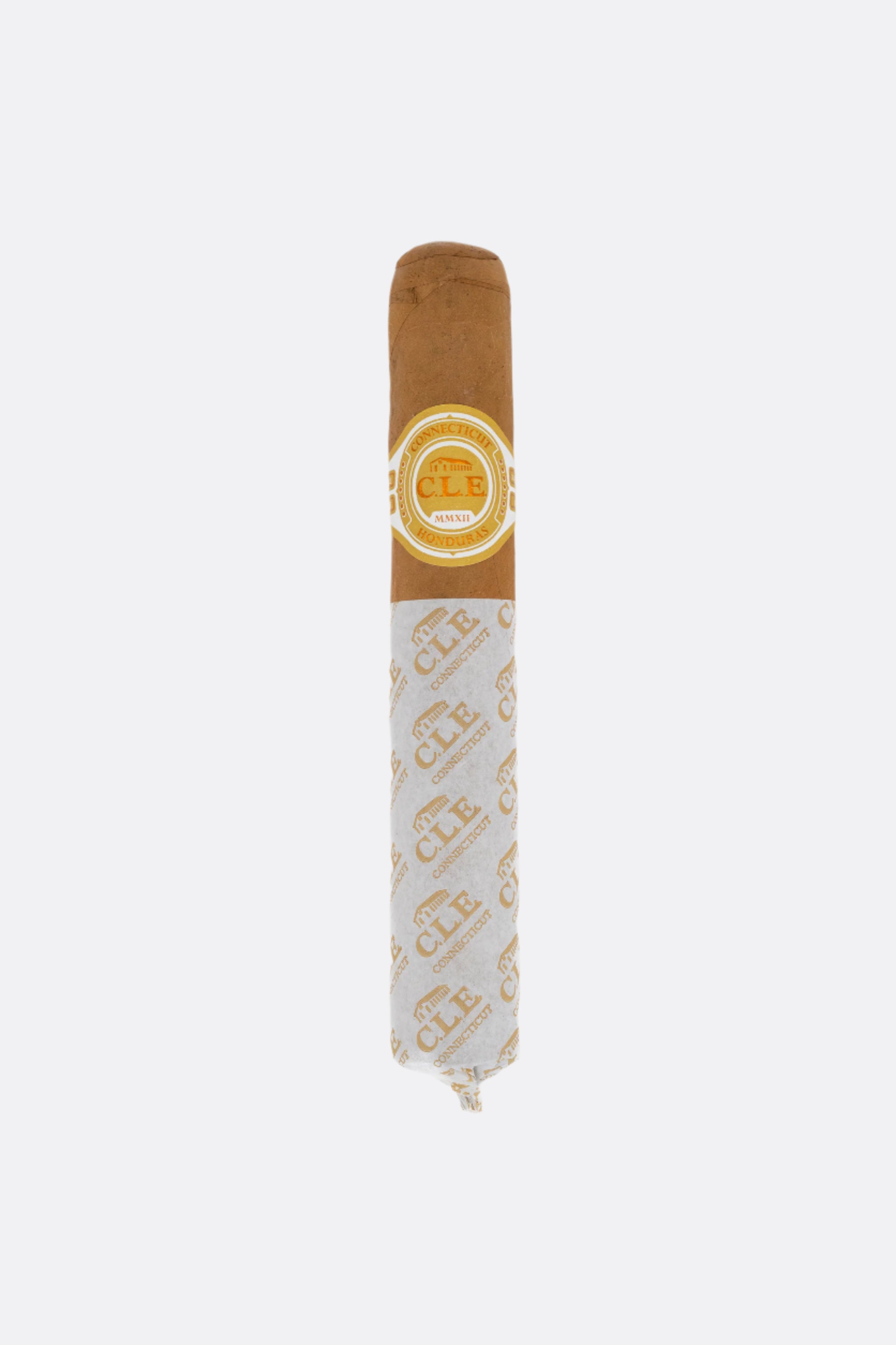 Cigar with a band featuring a logo on a white background