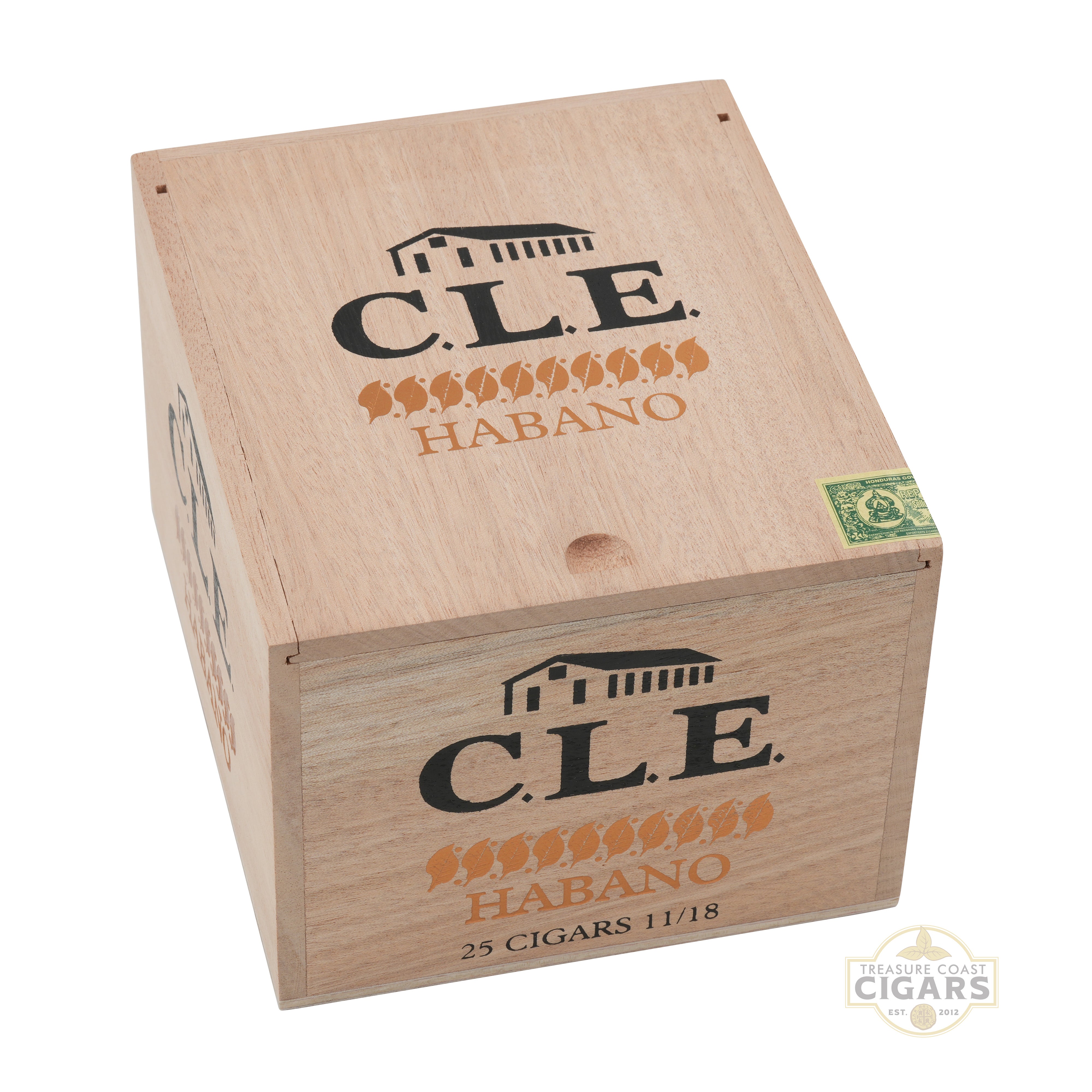 Wooden box of C.L.E. Habano cigars on a white background