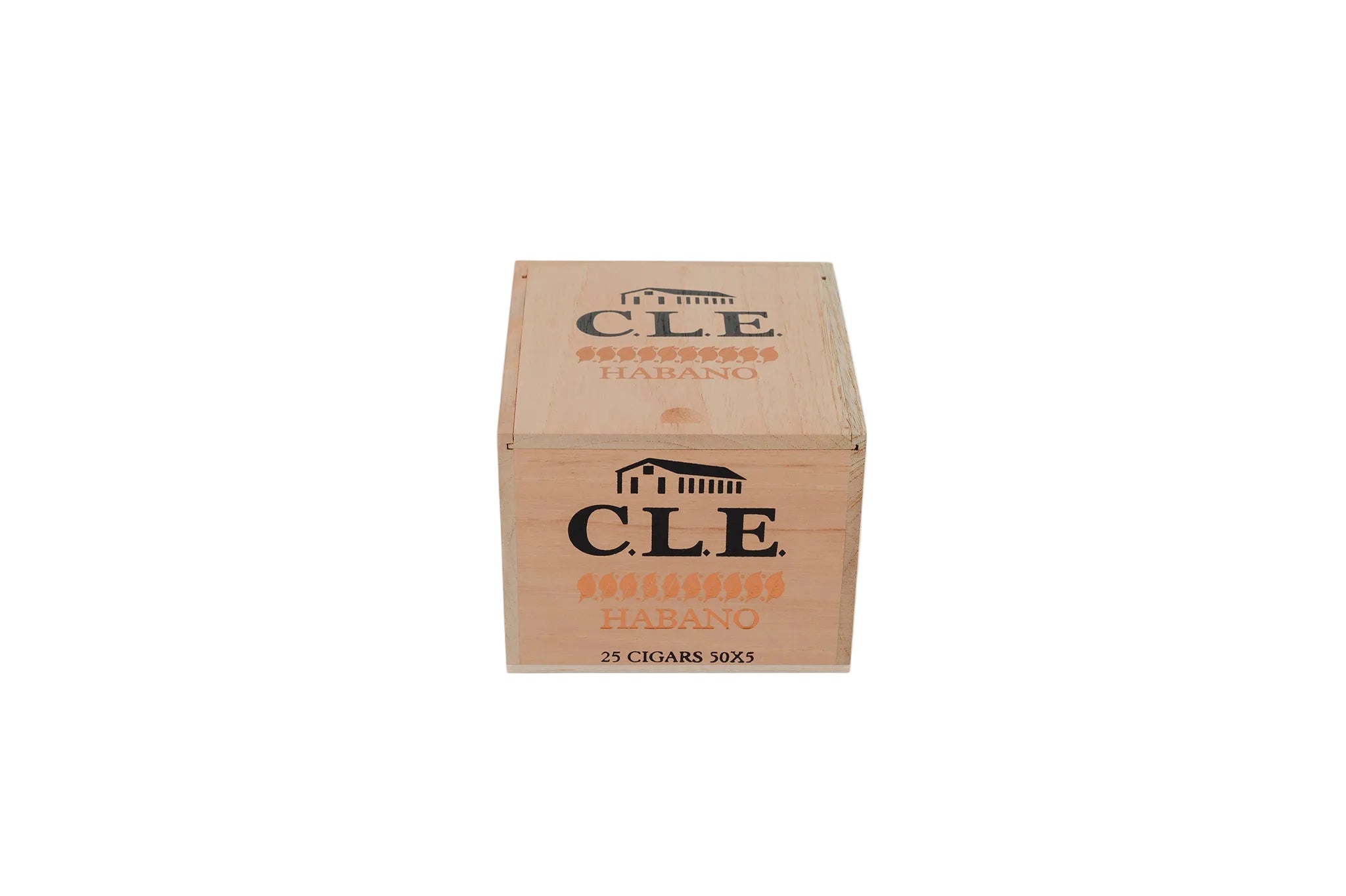 Wooden box with 'CLE' branding on a white background