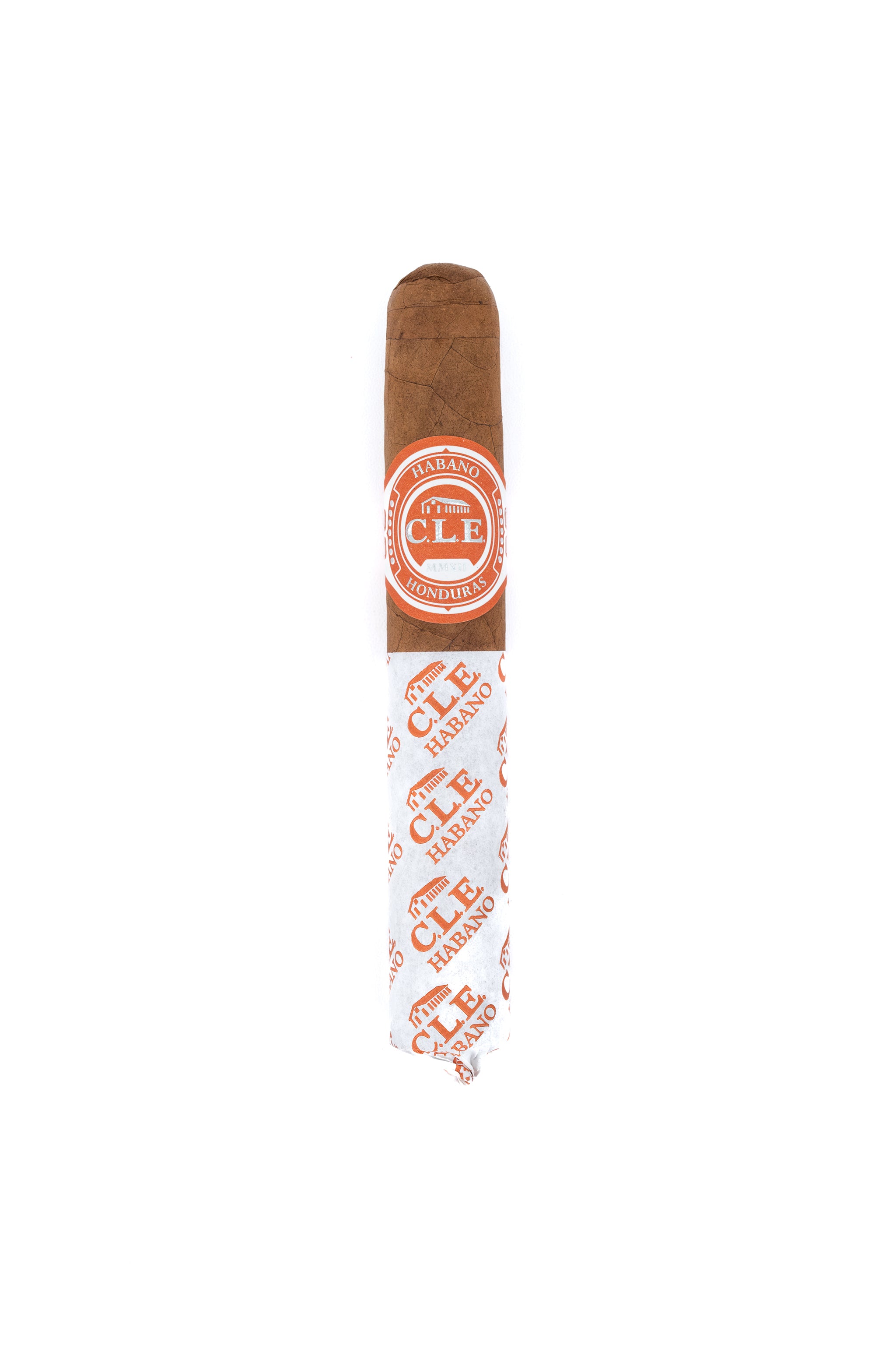 Cigar with CLE Tobacco packaging on a white background