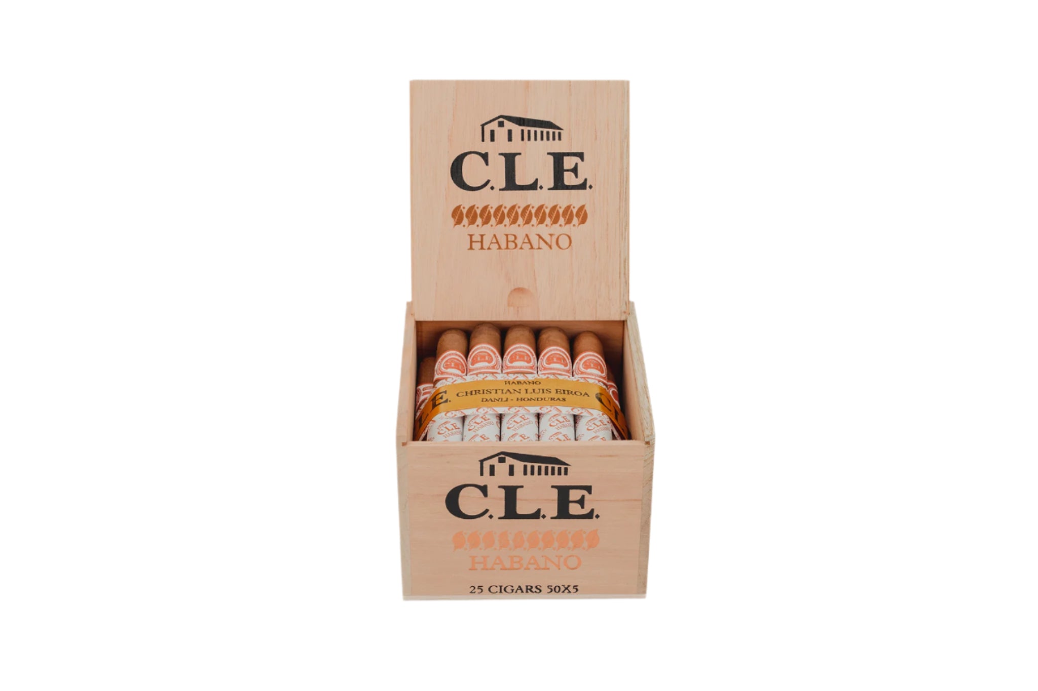 Box of CLE Habano cigars on a white background