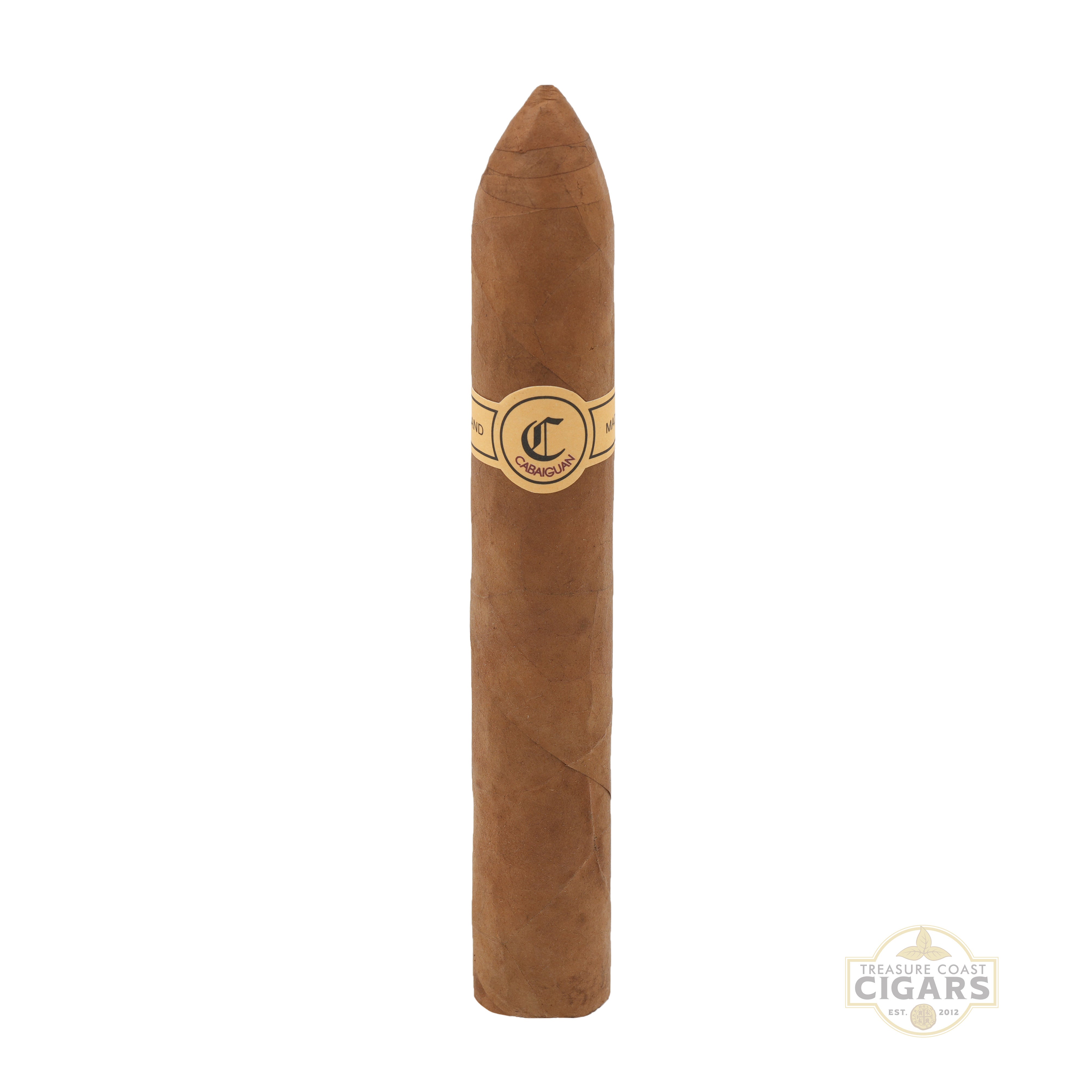 Cigar with a gold band on a white background, featuring the logo of Cabaiguan Cigars.