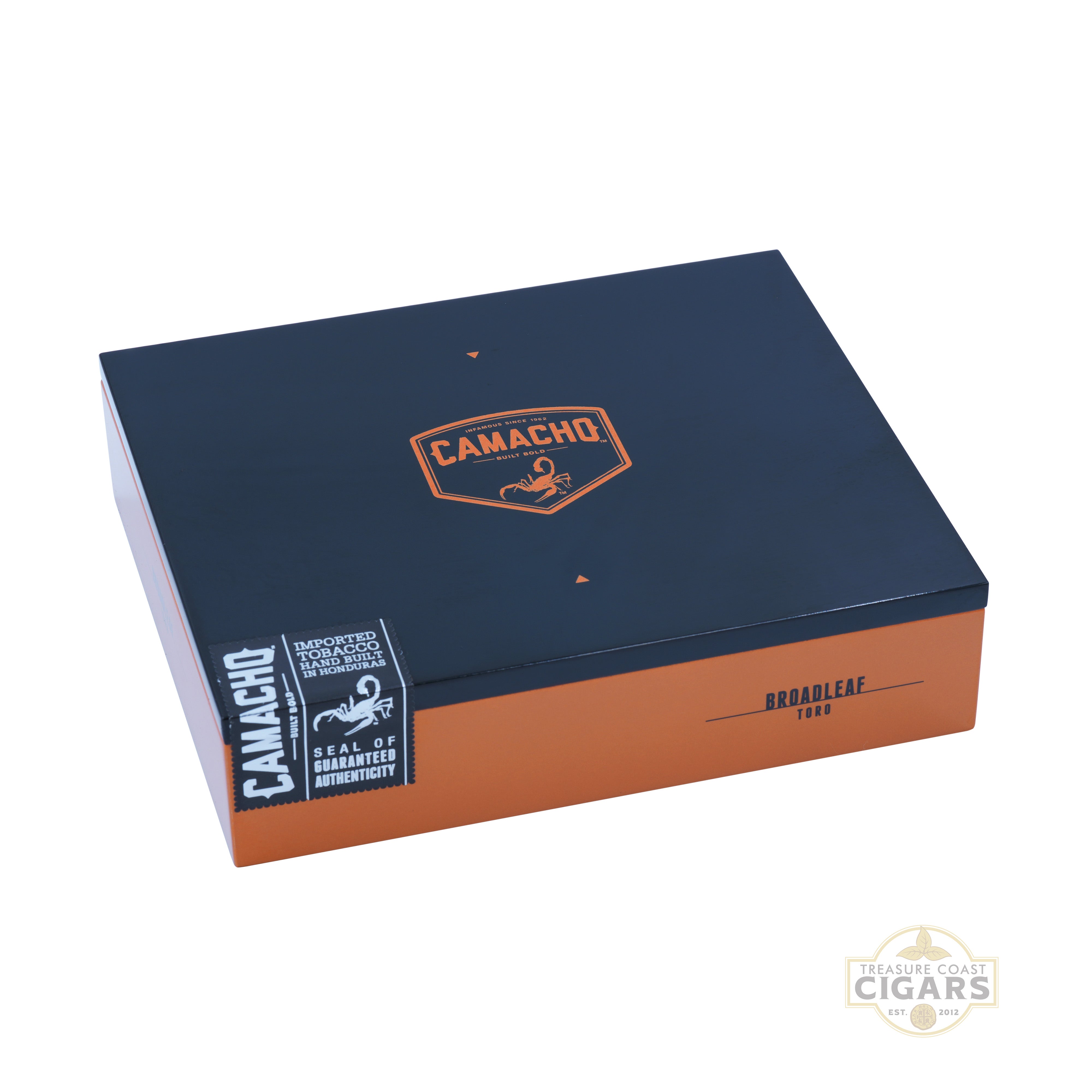 Camacho Broadleaf Toro cigar box with black and orange design on a white background