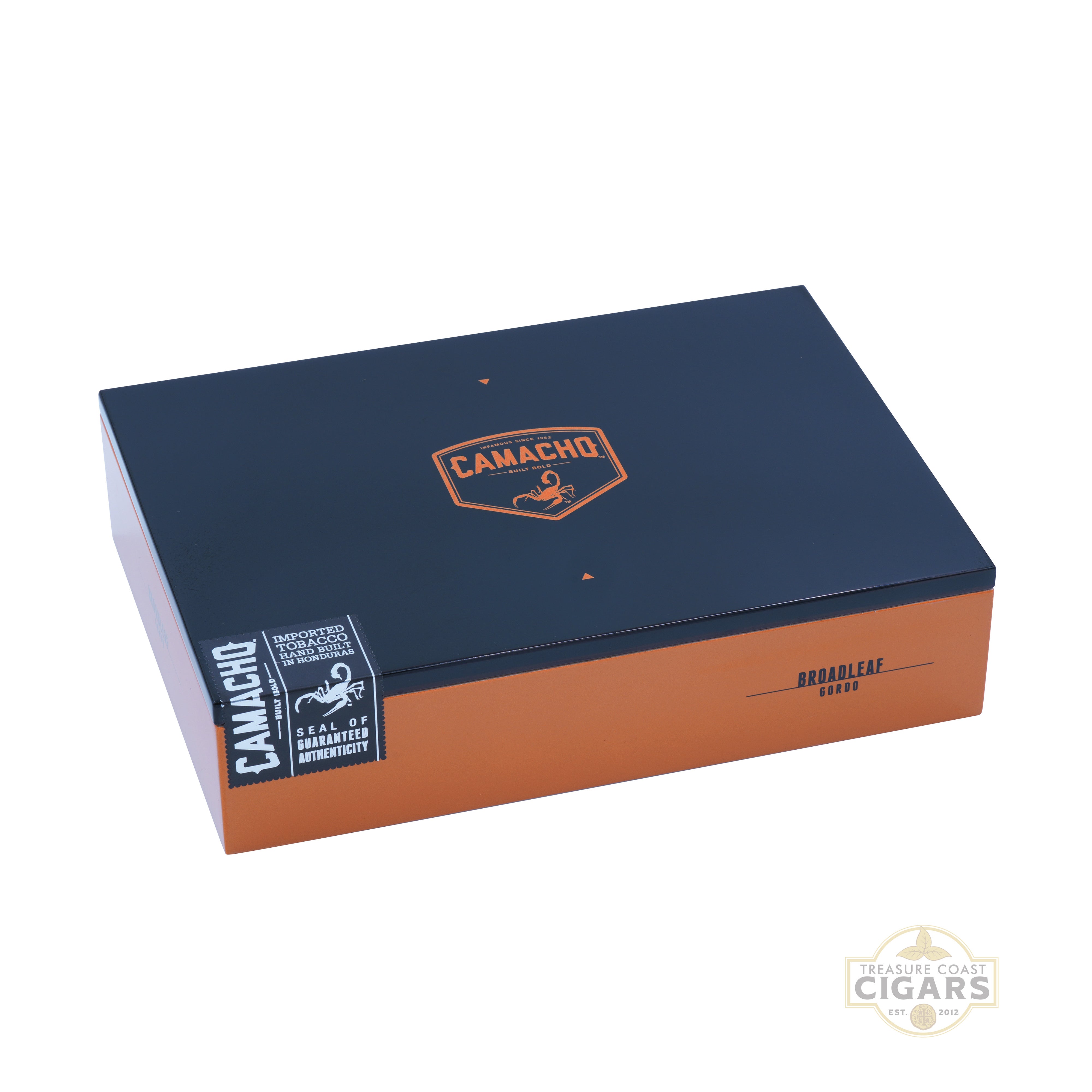 Camacho cigar box with black and brown design on a white background