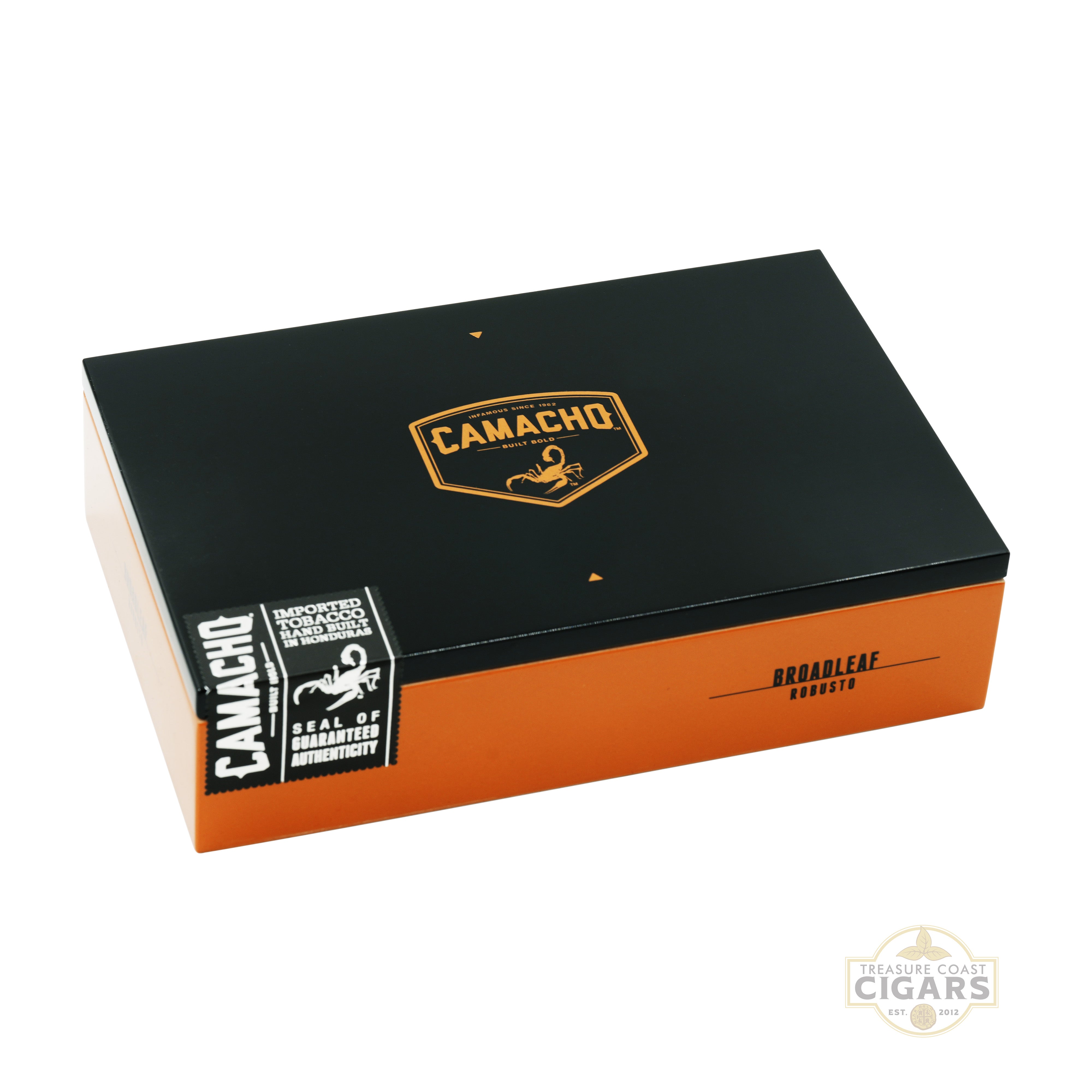 Camacho cigar box with black and orange design on a white background