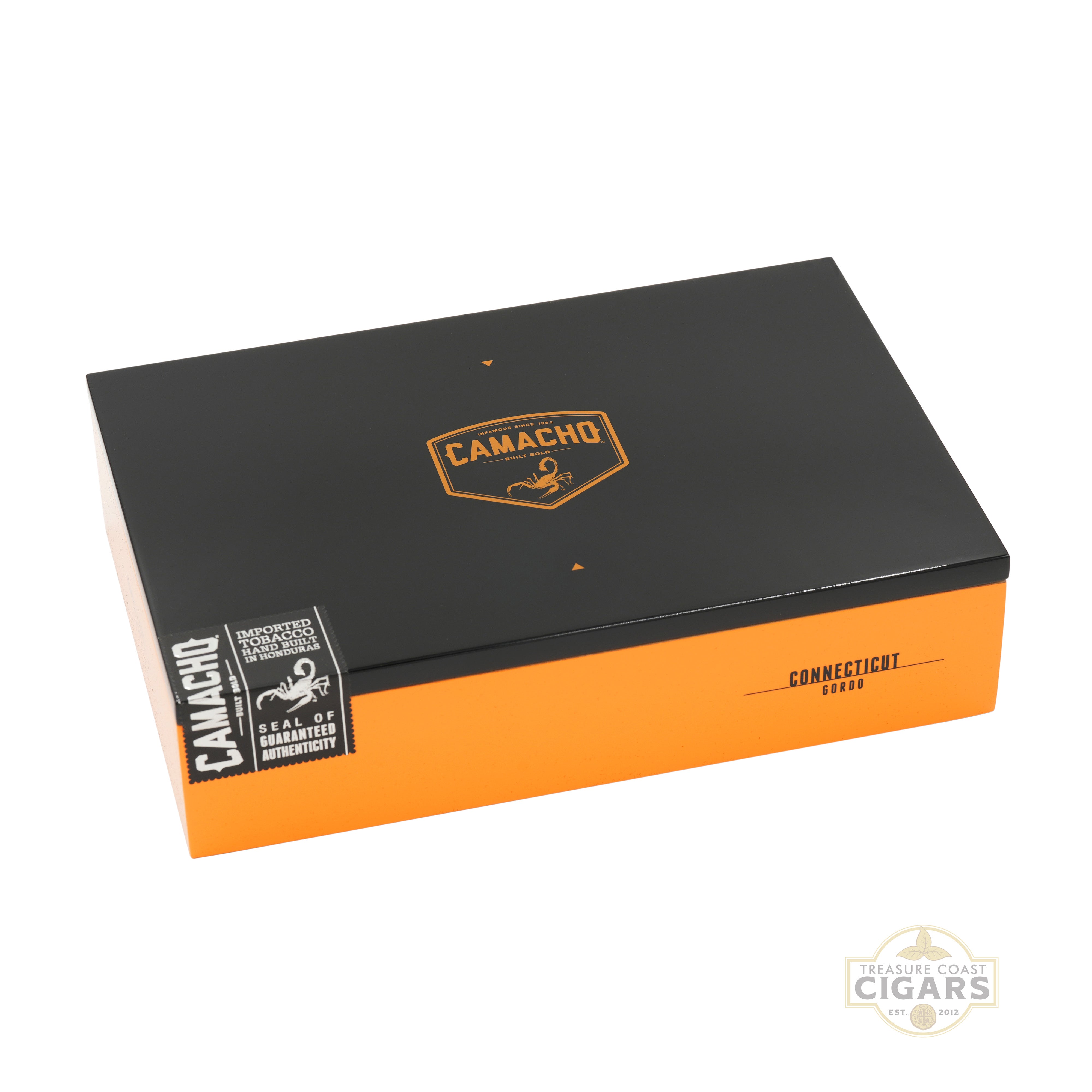 Camacho Connecticut cigars box with black and orange design on a white background