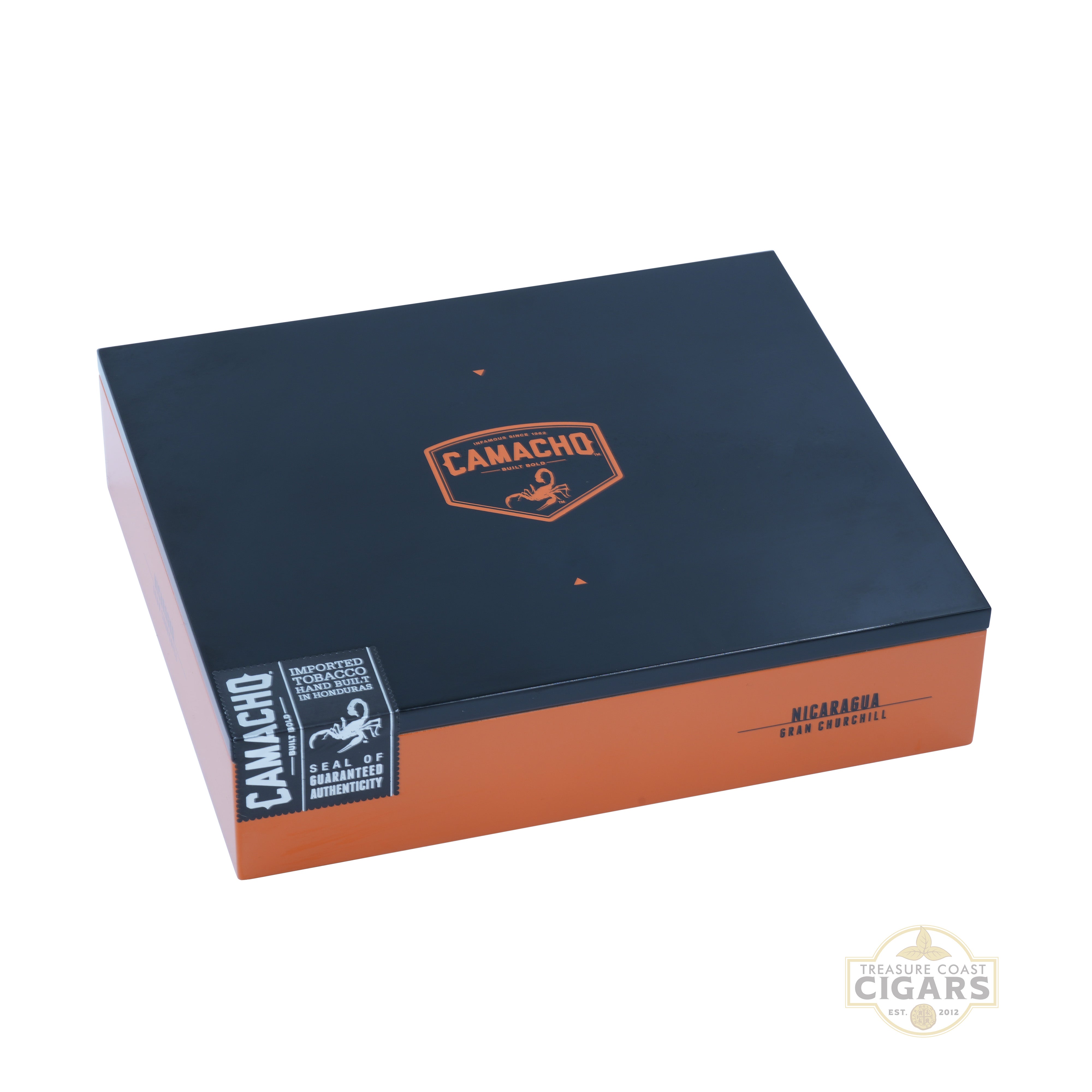 Camacho Nicaragua Churchill cigar box with branding on a white background
