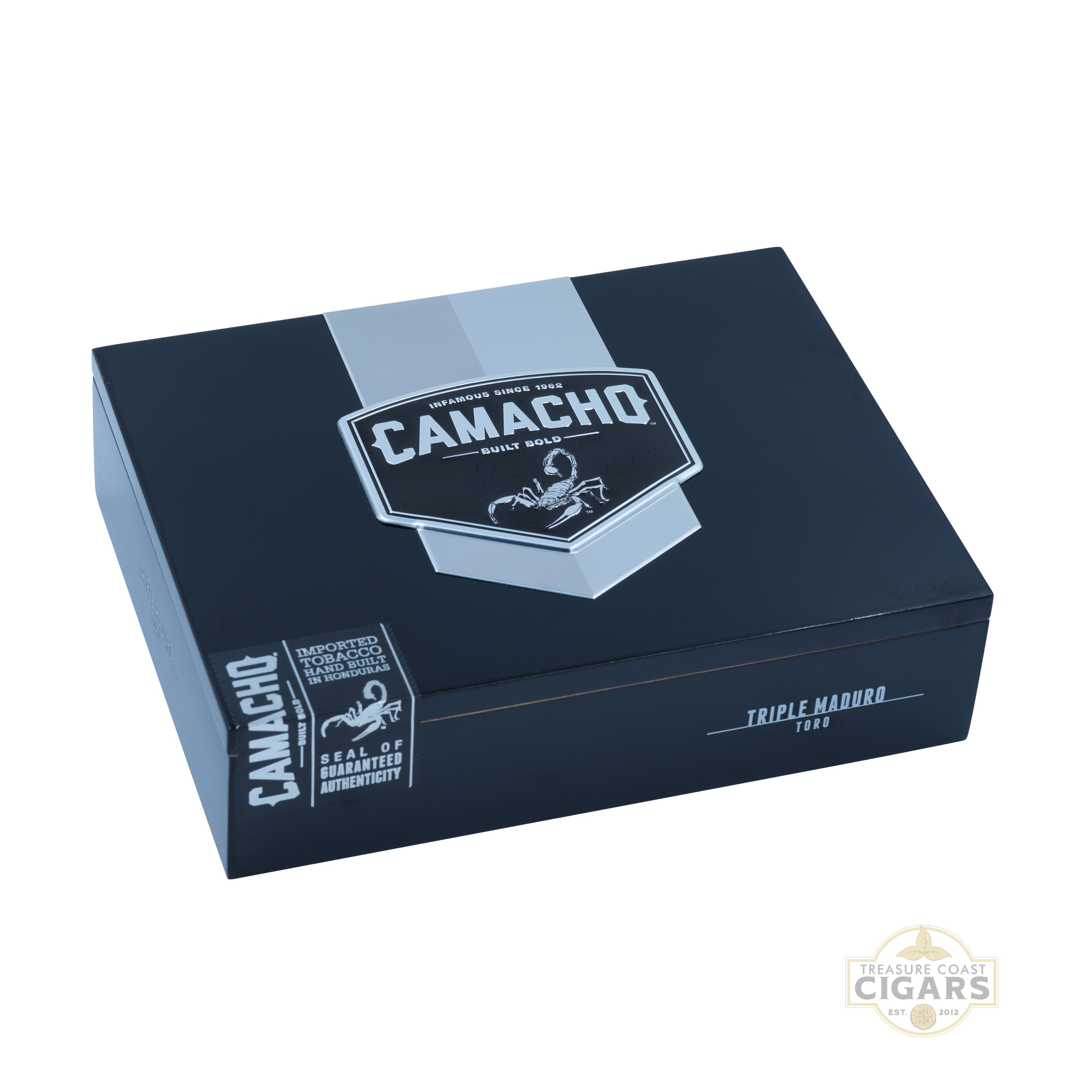 Camacho Triple Maduro Toro cigar box with branding on a white background