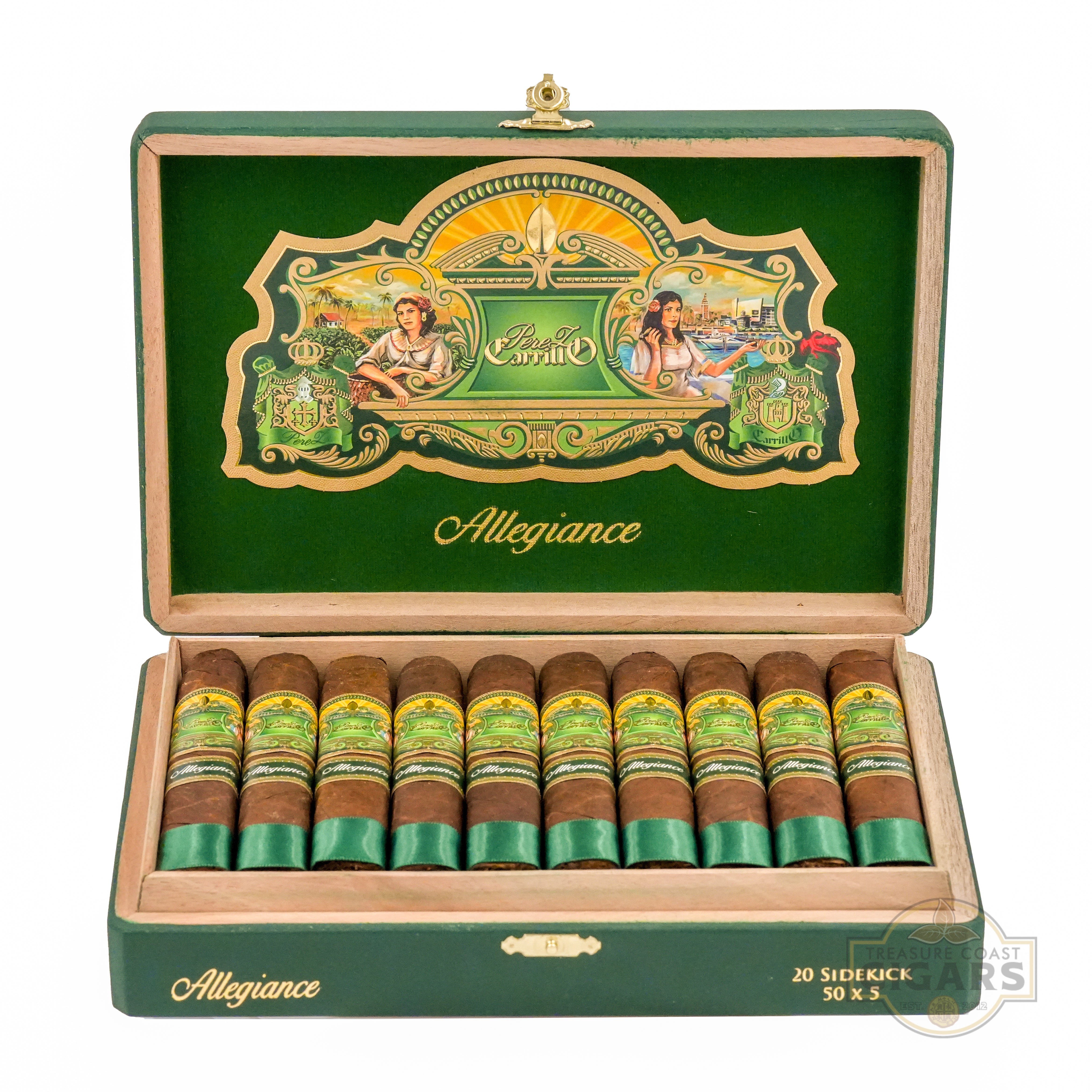 A green cigar box labeled “Allegiance” is open, revealing 20 Sidekick cigars inside. The box features an ornate design with gold and green accents, including illustrations of two women and a tropical landscape on the lid. The cigars are neatly arranged, each with a green and yellow band, and the box is lined with green fabric. The label on the front reads “20 Sidekick 50 x 5”