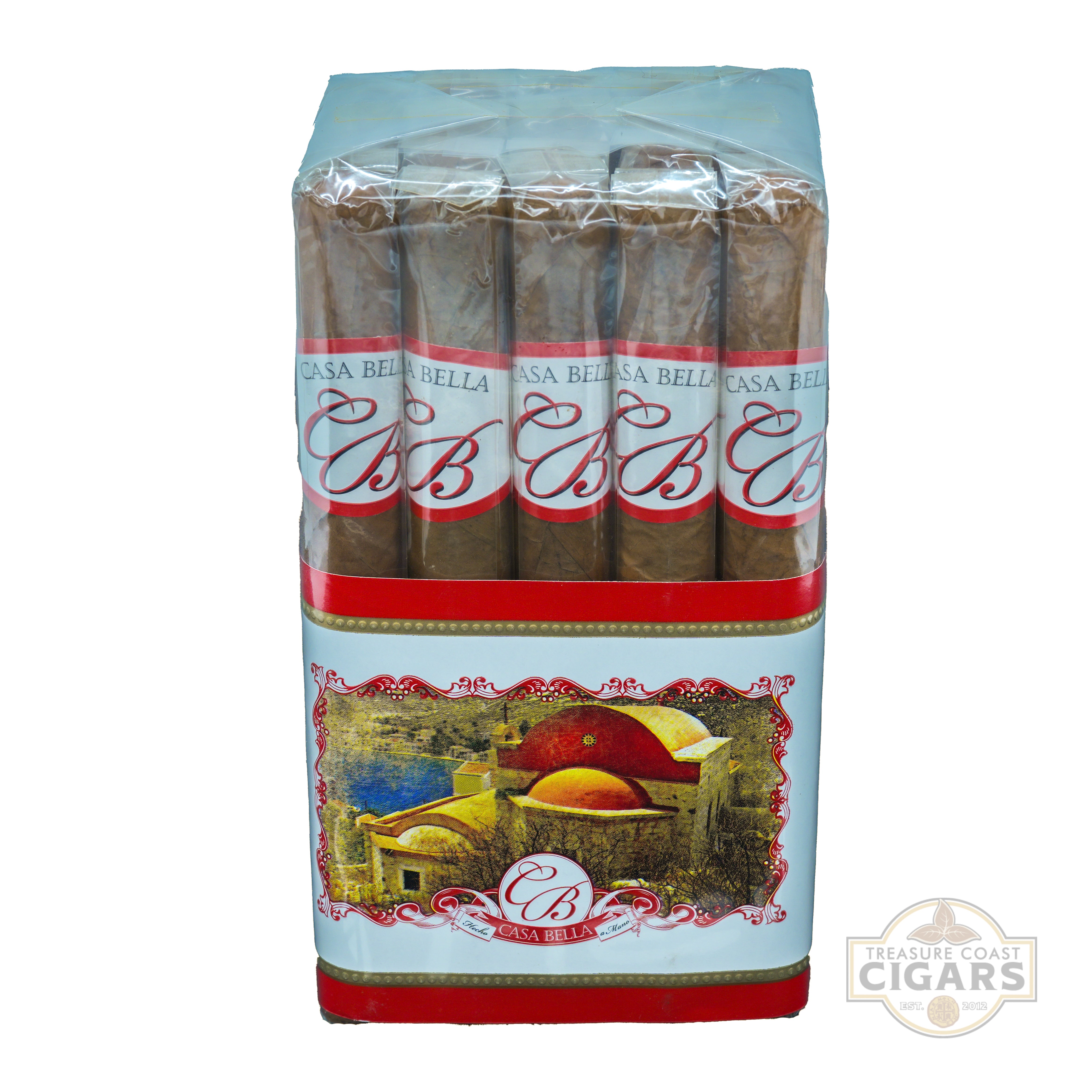 Pack of Casa Bella cigars with a scenic label on a white background