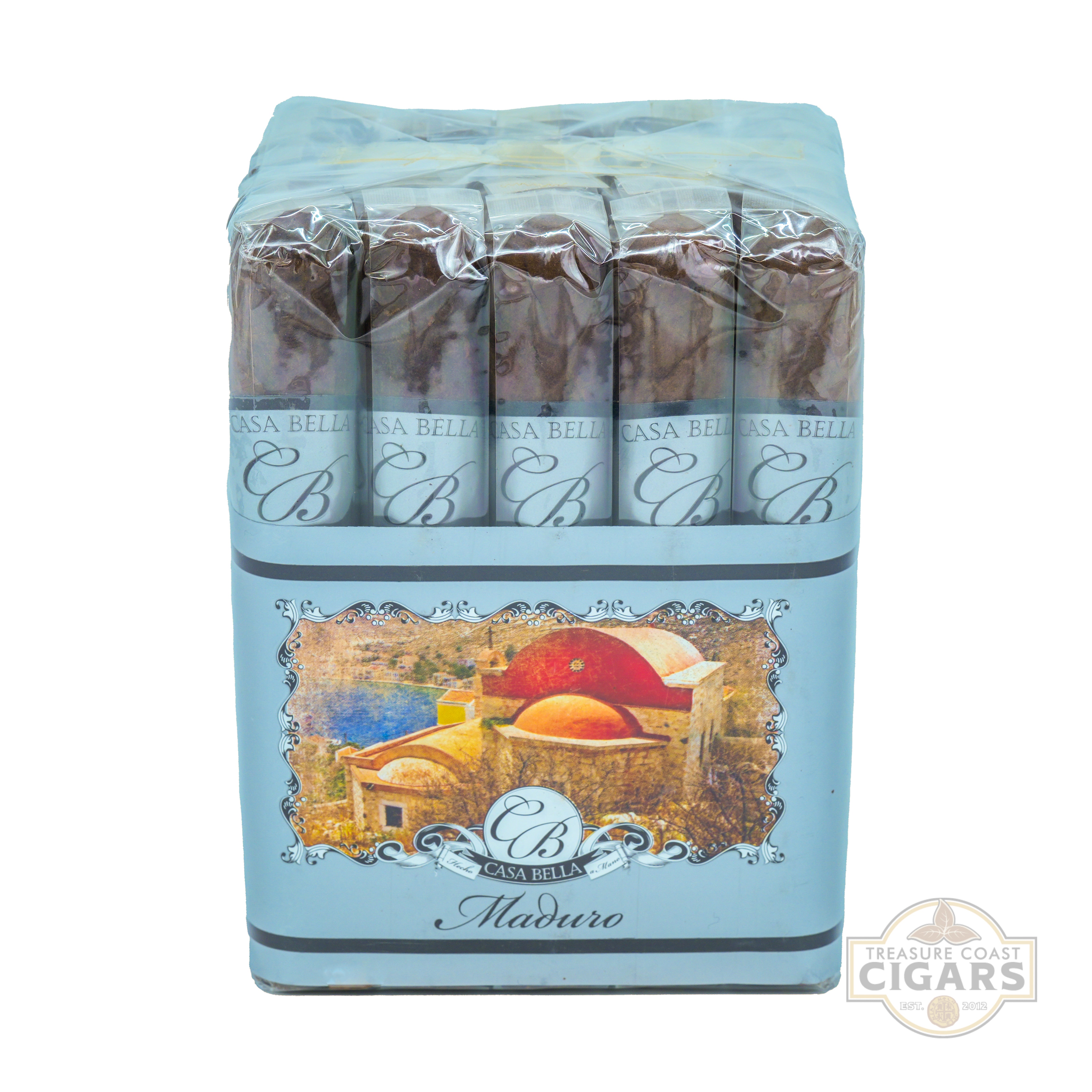 Pack of Casa Bella Maduro cigars in a decorative tin on a white background