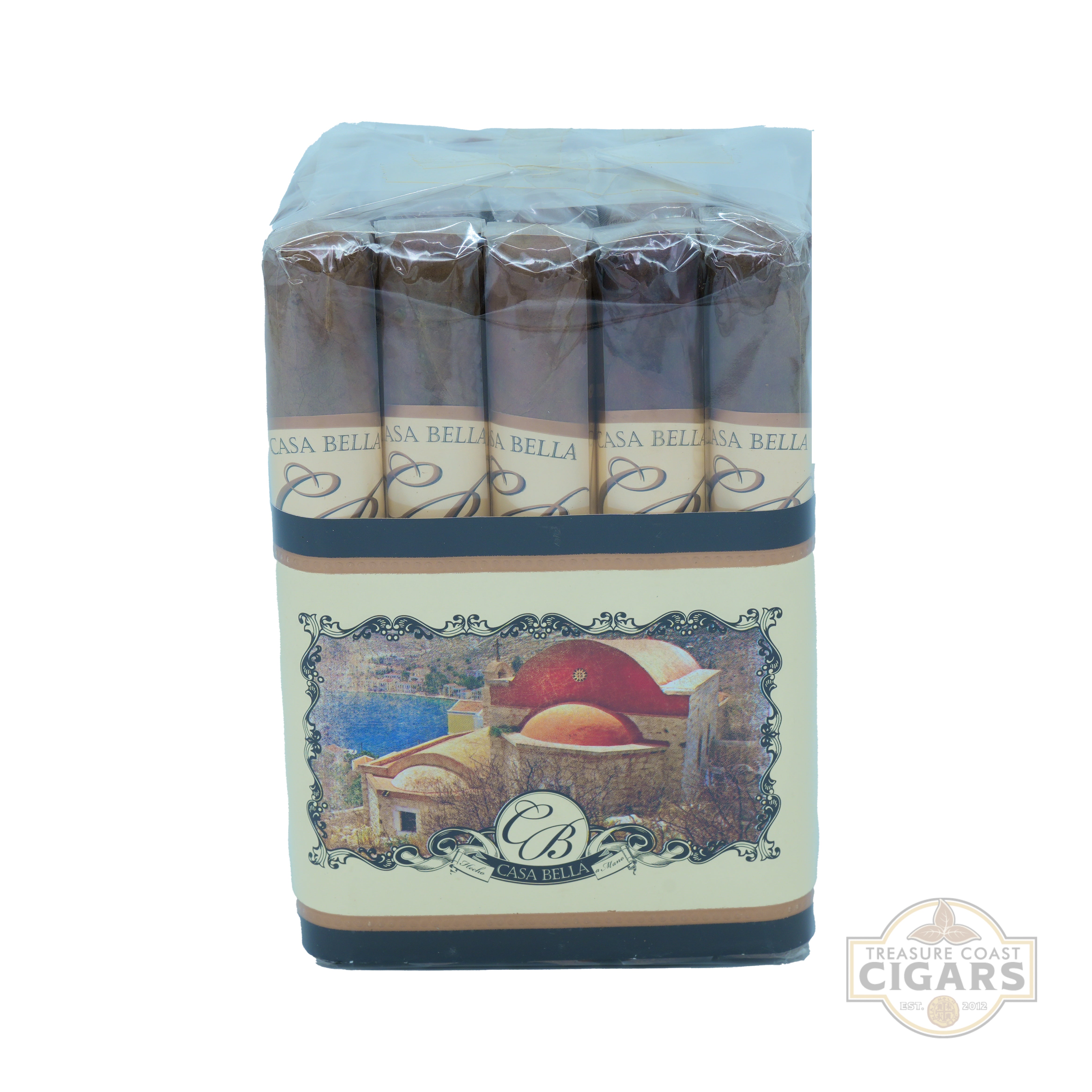 Pack of Casa Bella cigars with a scenic label on a white background