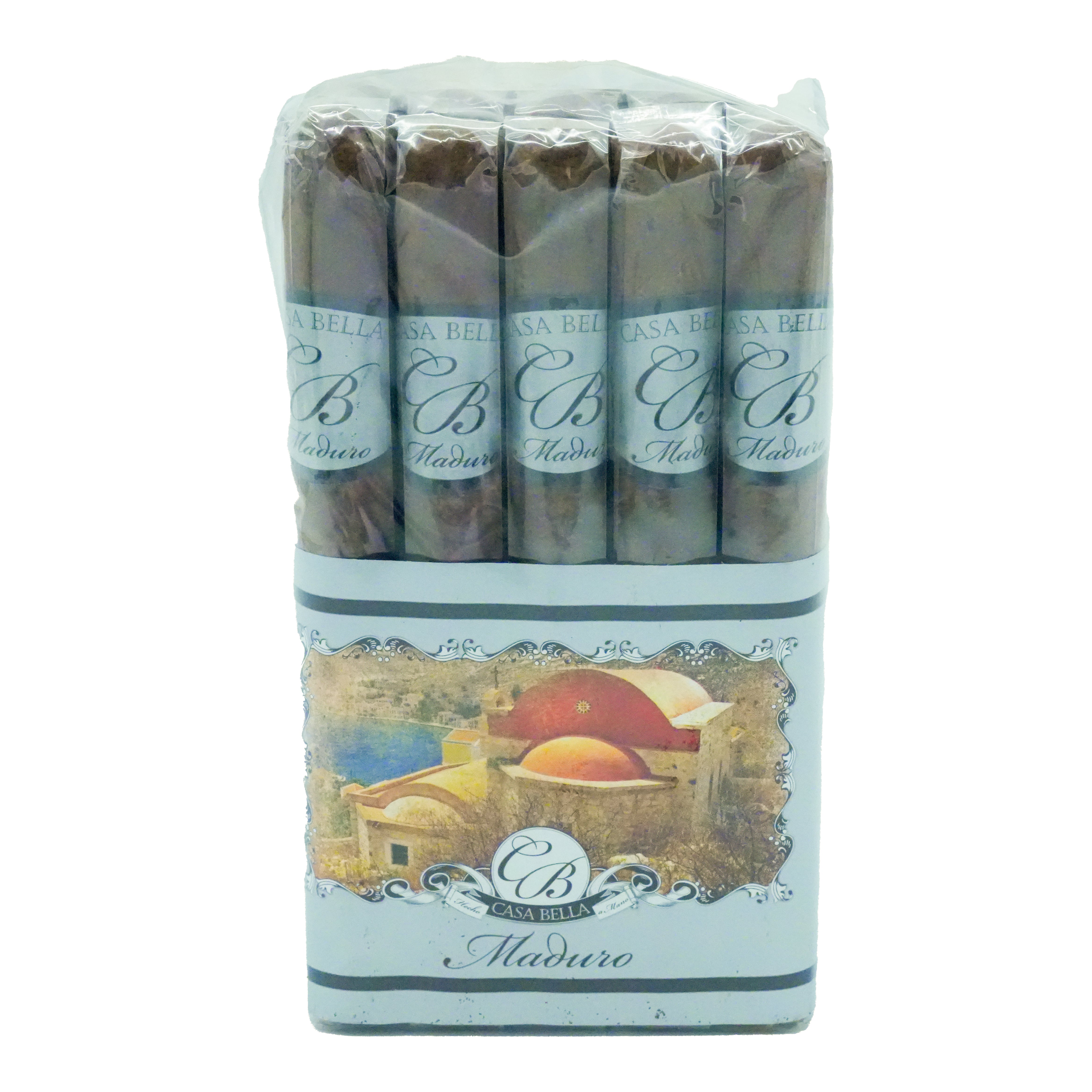 Pack of Casa Bella cigars with a scenic label on a white background