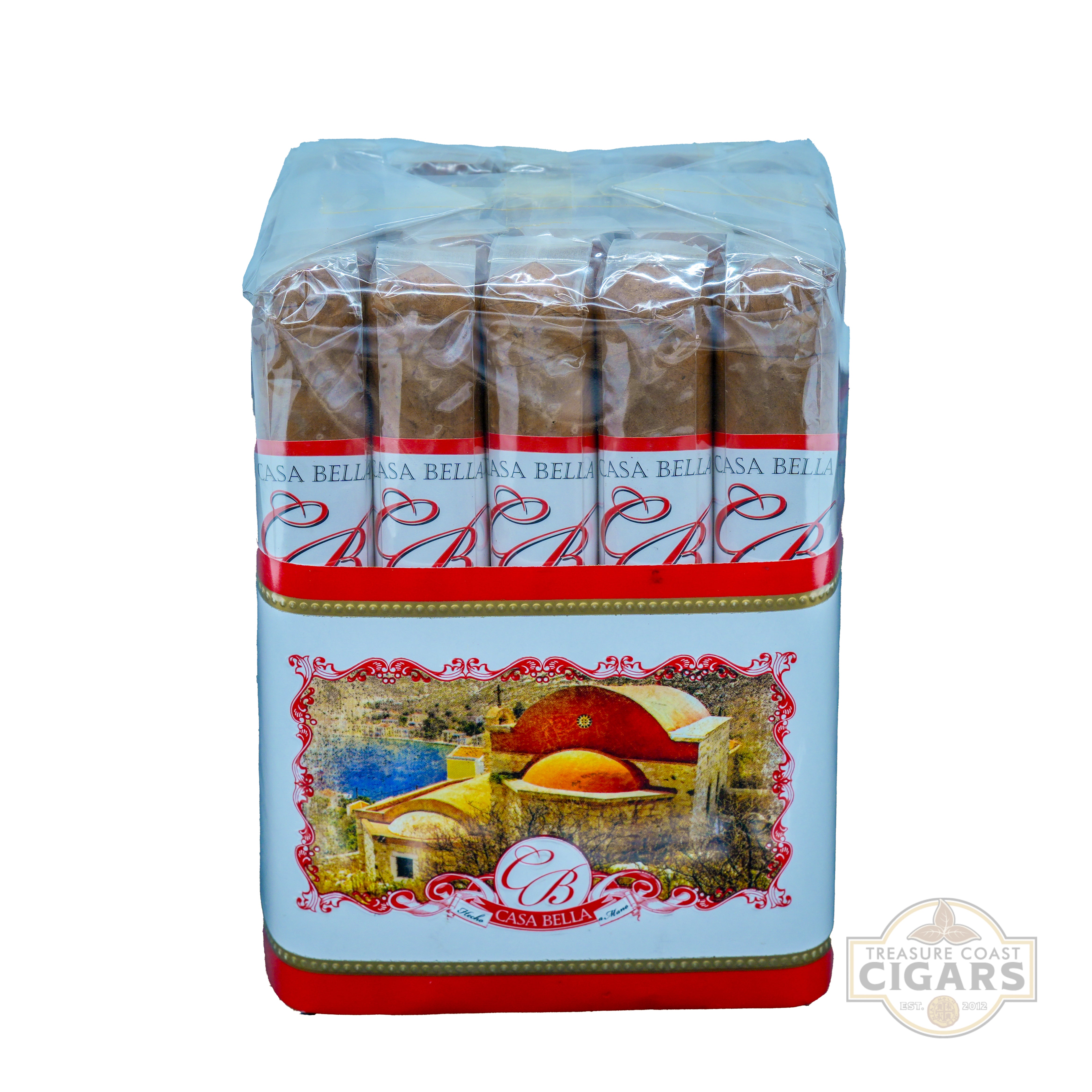 Pack of Casa Bella cigars with a scenic label on a white background