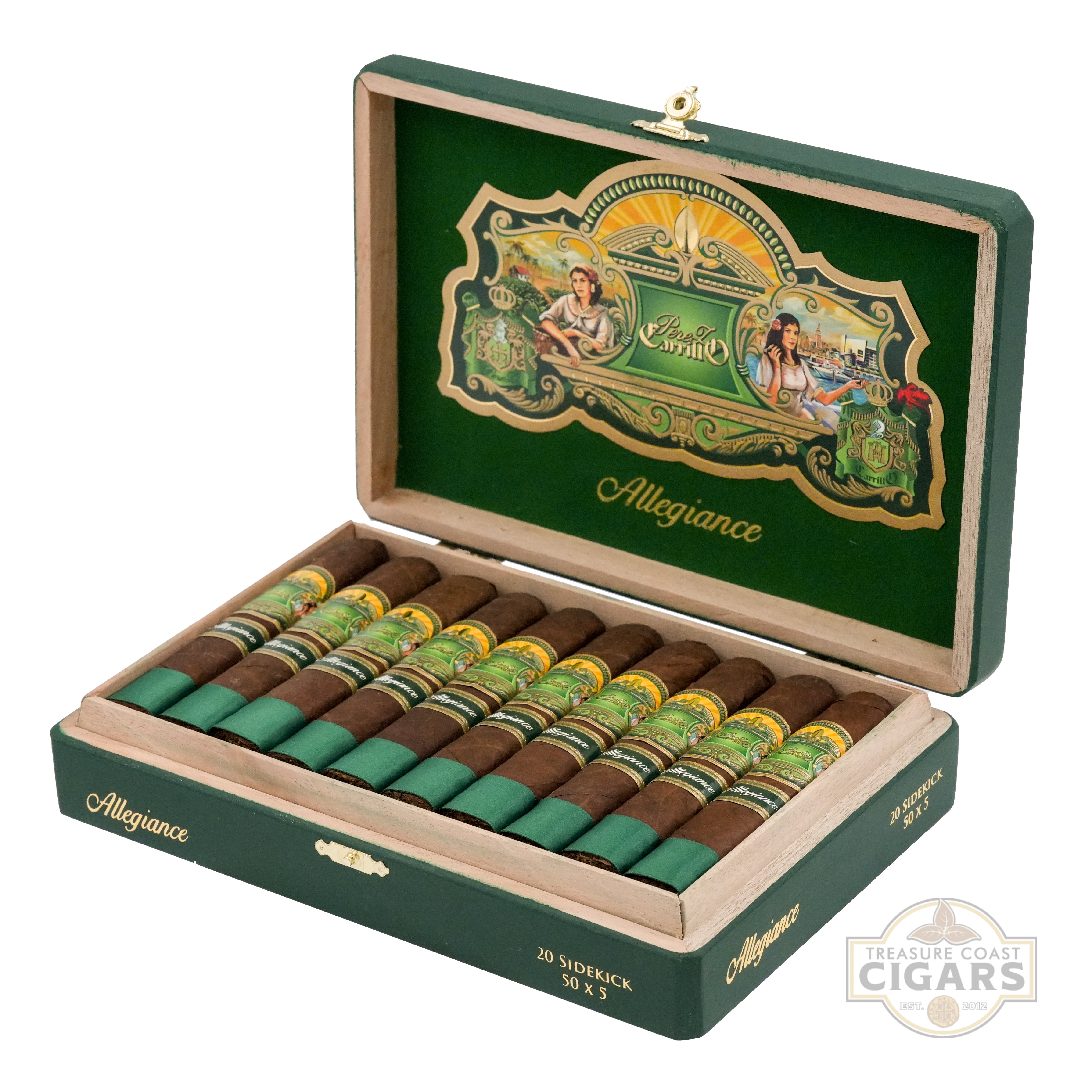 Open box of Allegiance cigars with decorative lid on a white background