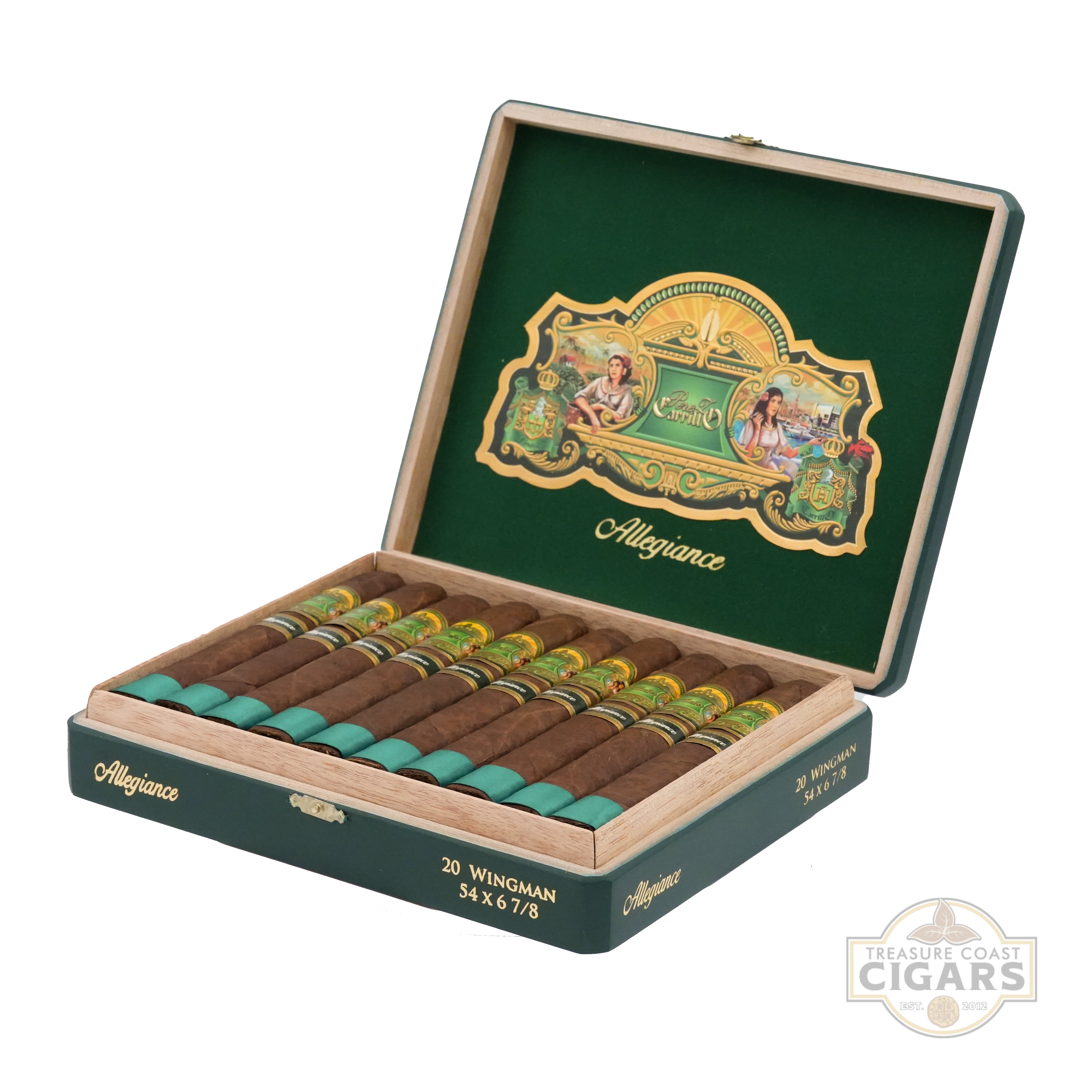 Open box of Allegiance cigars with a green lid and wooden sides on a white background.