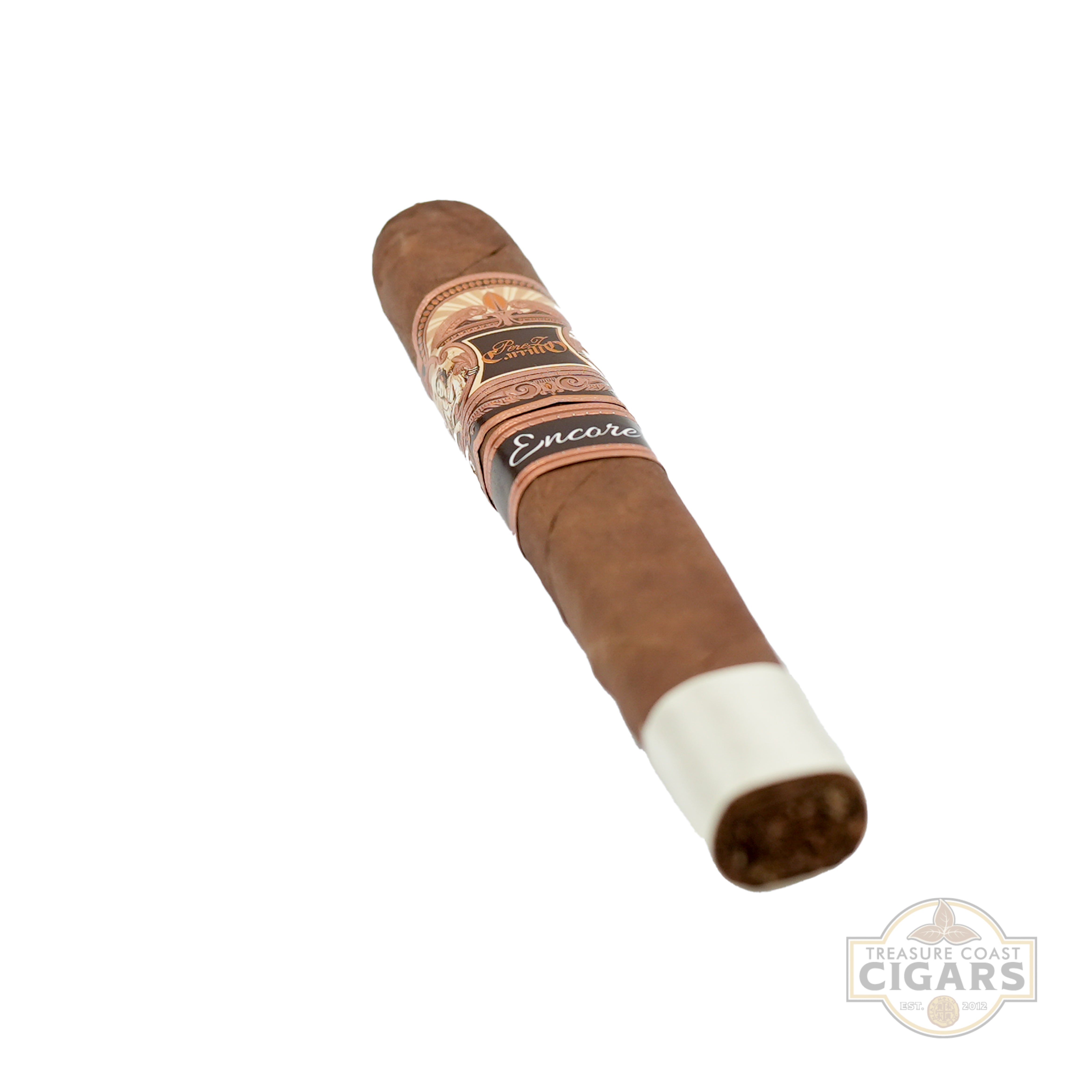 Cigar with decorative band on a white background, featuring 'Treasure Coast Cigars' logo.