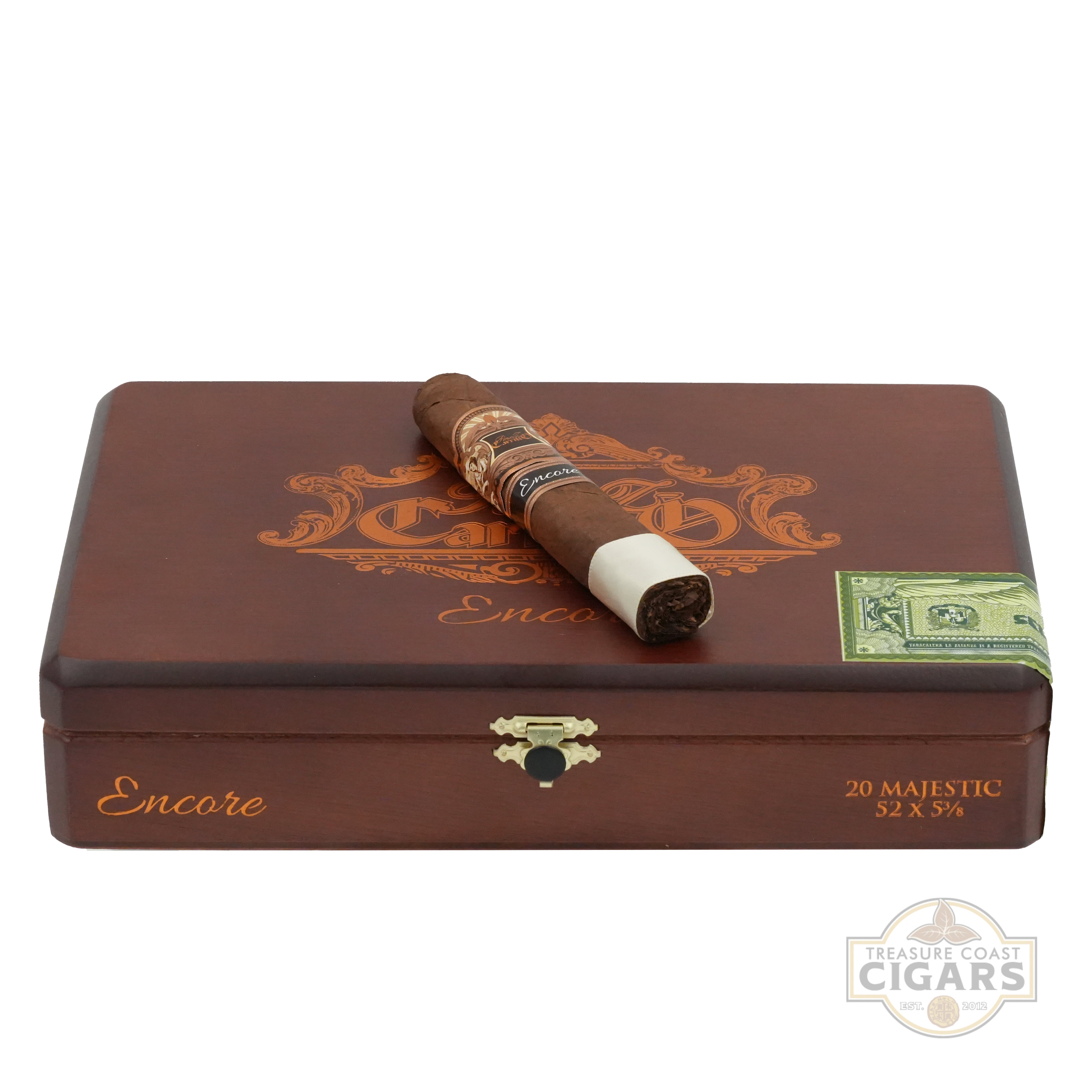 Cigar box with a single cigar on a white background, featuring the 'Encore' brand.