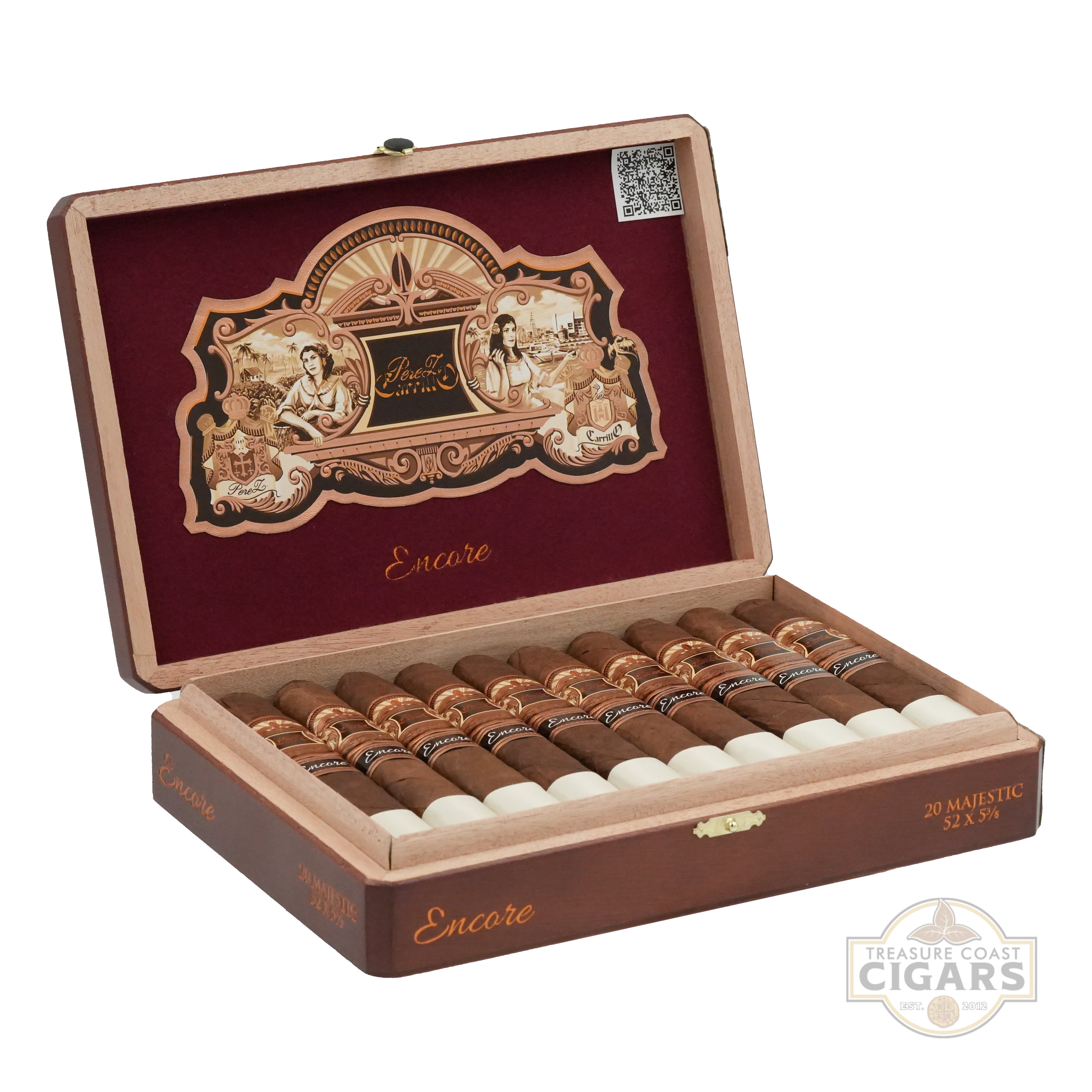 Open box of Encore cigars with decorative interior on a white background