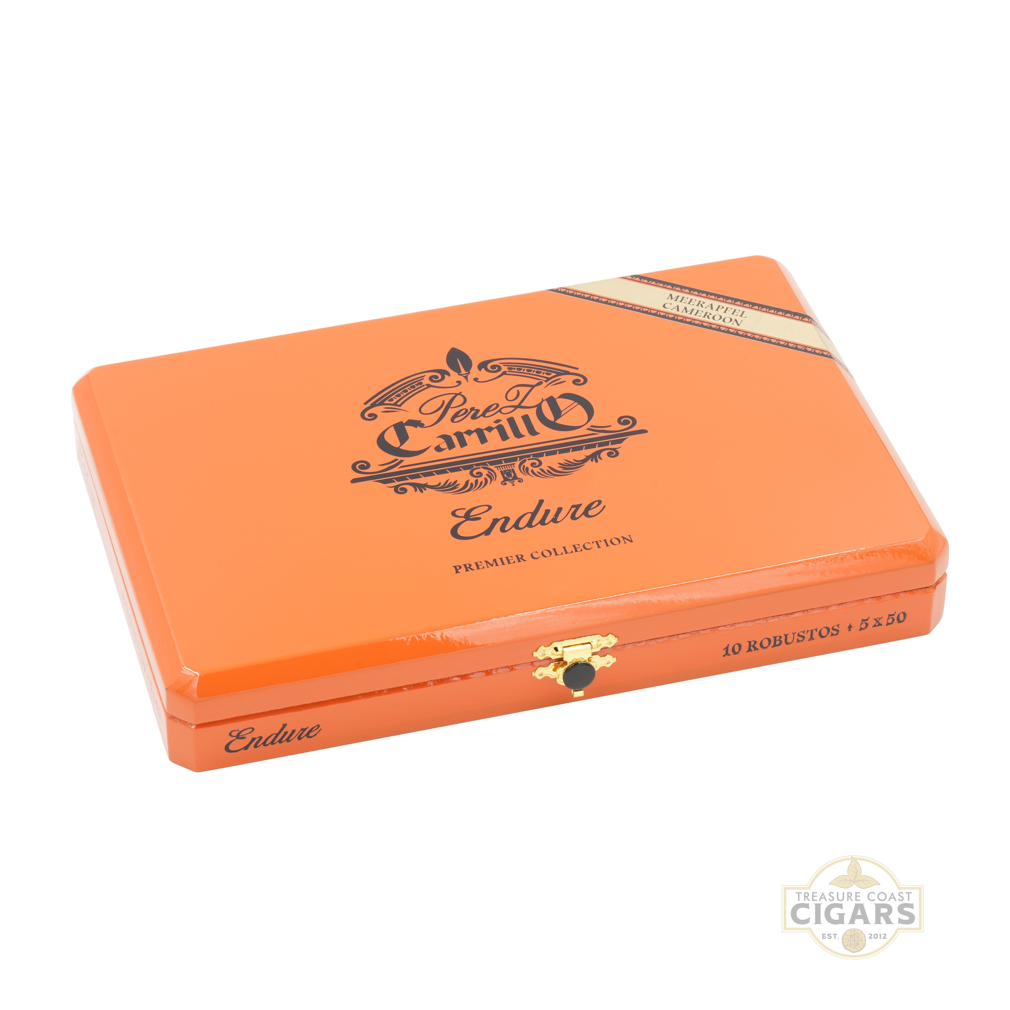 Orange cigar box with 'Endure' branding on a white background